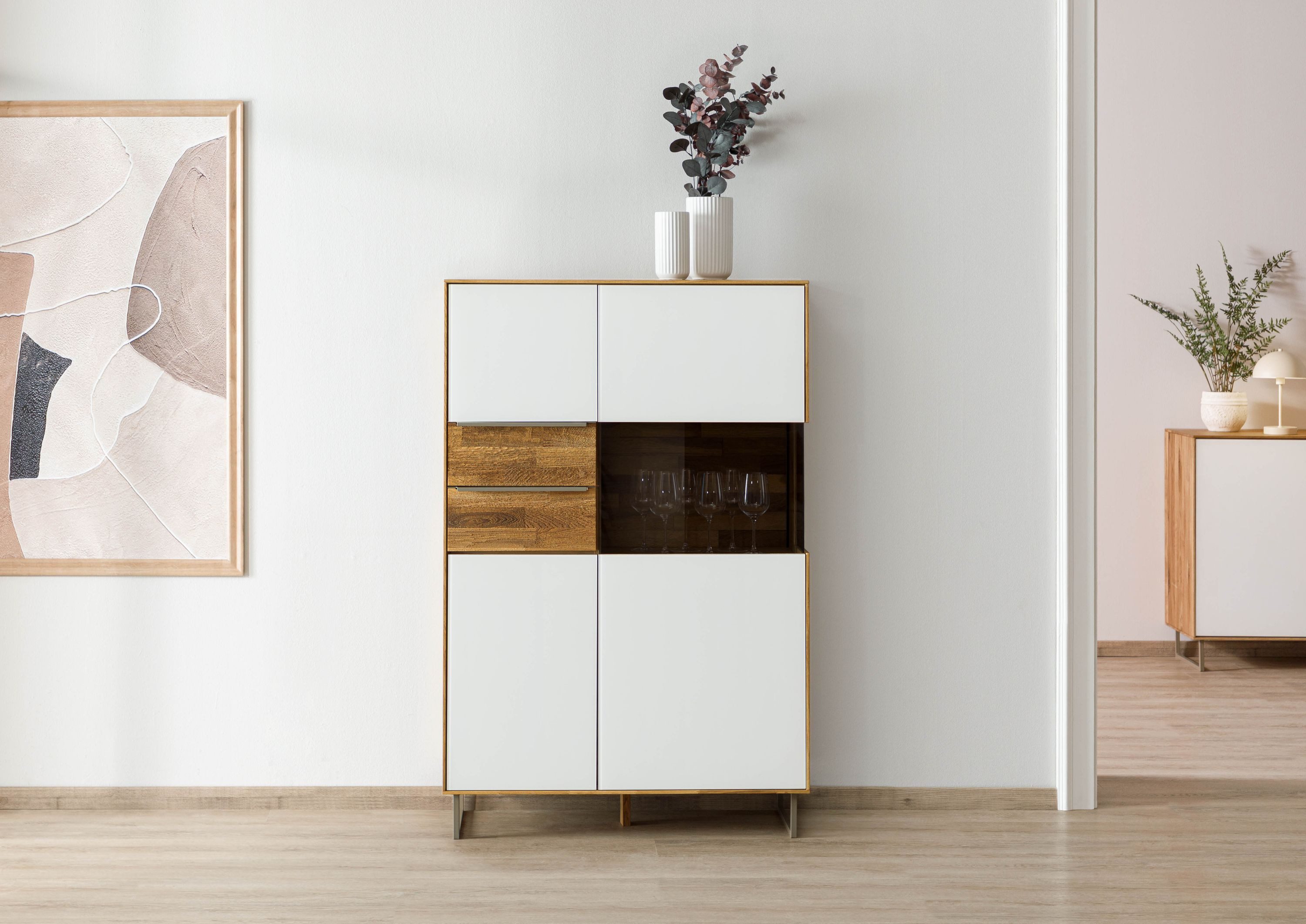 Massivmoebel24 Highboard WIEN (Massivholz), Wildeiche 94x43x144 natur geölt / Glas weiß WIEN #125