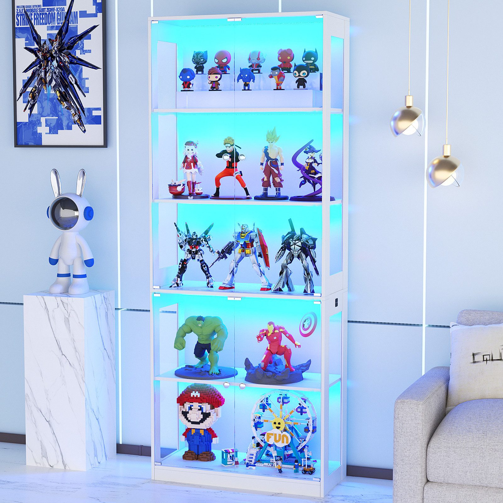 VOWNER Glasvitrine mit 3-Farben-LED - Bewegungssensor (1-St) 5 übereinanderliegende Regale, 80x204x35 cm