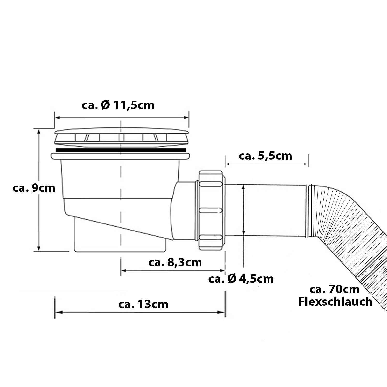 Grafner Ablaufgarnitur Ablaufgarnitur für Duschwanne Ø 84 - 96 mm mit Flexschlauch Ablaufbogen DN 50/40 mm