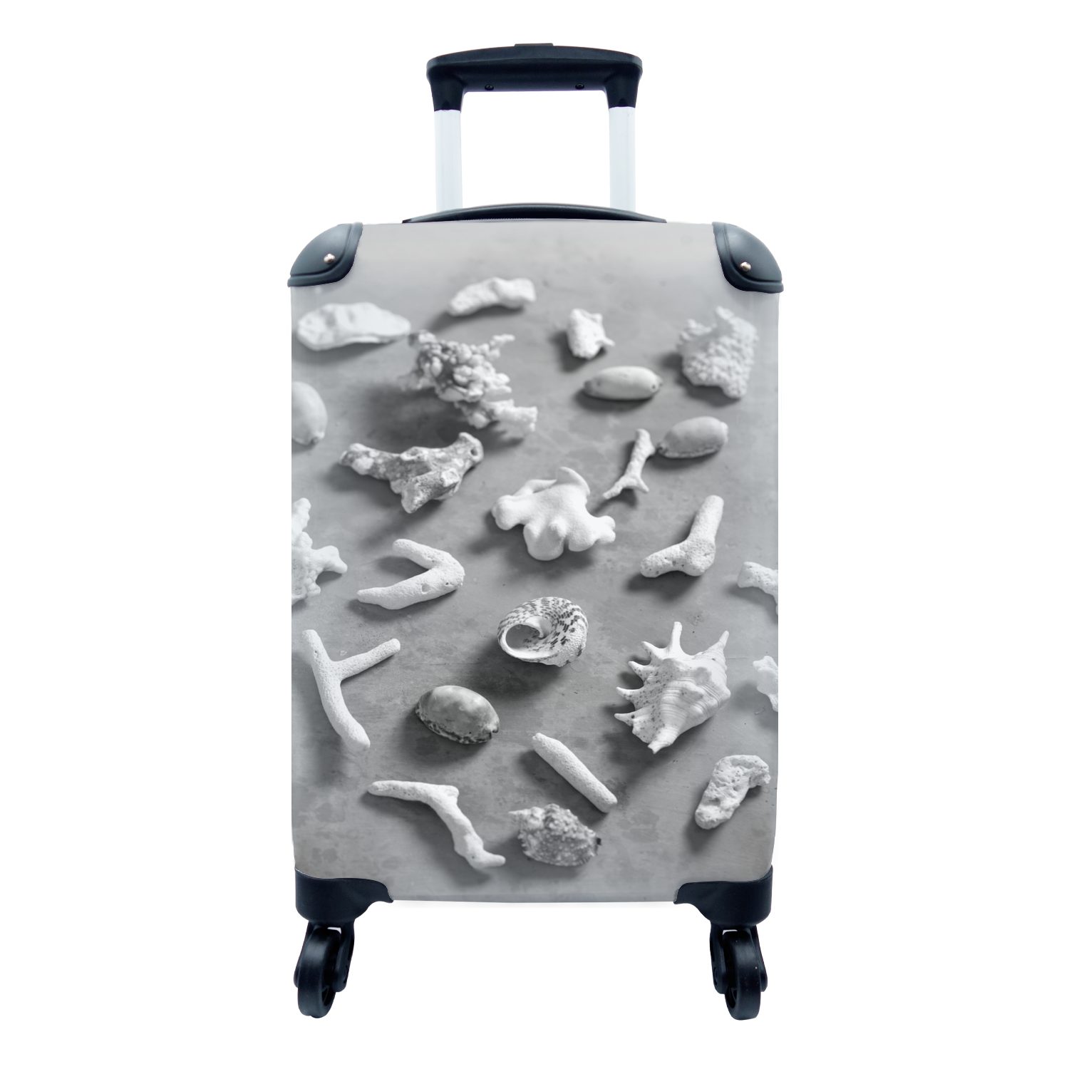Reisetasche schwarz Muscheln rollen, Handgepäck - Trolley, und mit 4 mit Rollen, Ferien, und Steinen Handgepäckkoffer Stilleben für weiß, Reisekoffer MuchoWow