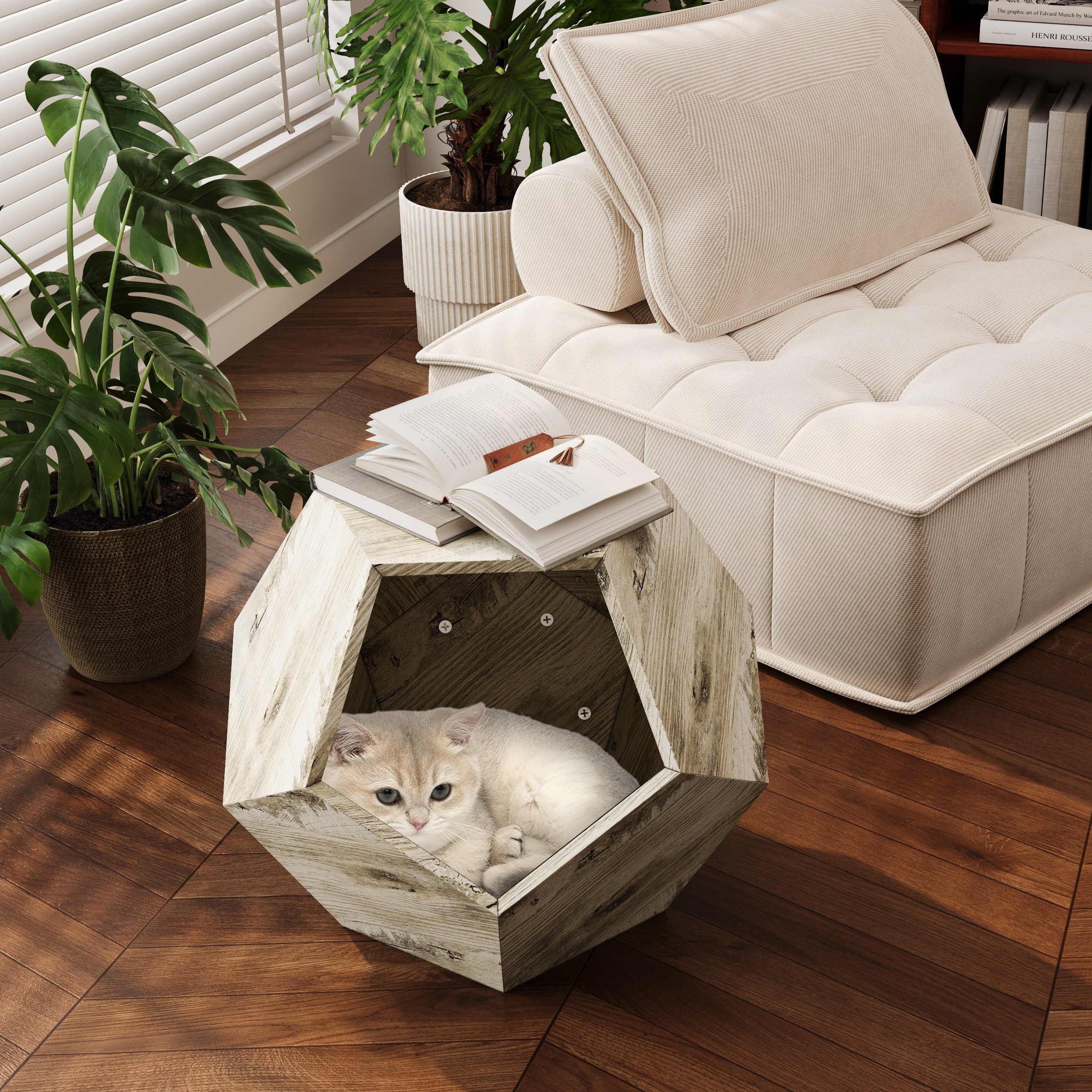 BlingBin Tierhaus Katzenhaus Katzenhöhle mit Höhlen Geschlossenes Welpenhaus, Multifunktionale Möbel für Haustiere 66x66x53cm