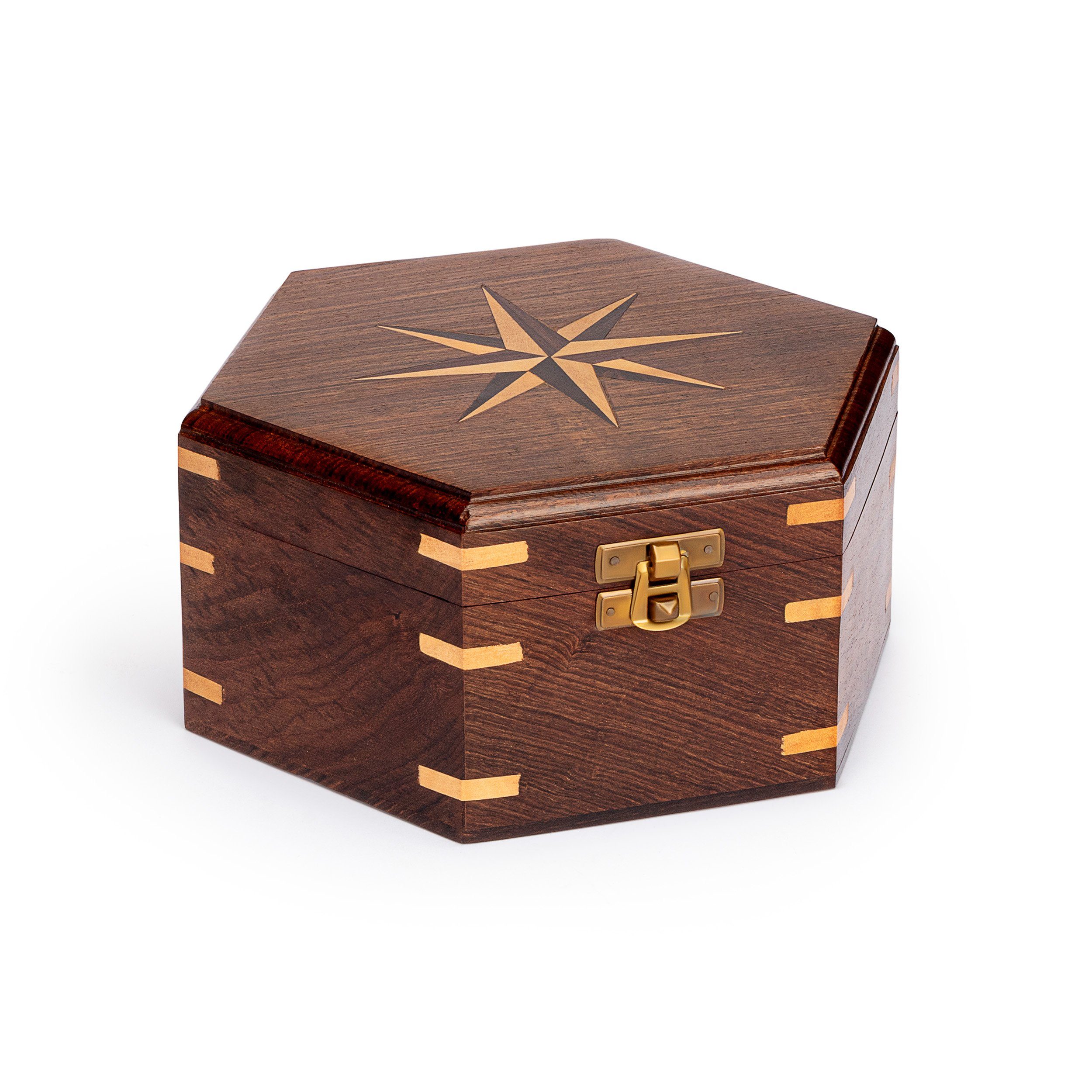 NKlaus Aufbewahrungsbox Maritim Holzbox sechseckig mit Windrose Inlay aus  Holz und Messing ver (Lieferumfang: 1 Stück), Holz