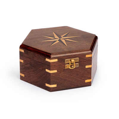 NKlaus Aufbewahrungsbox Maritim Holzbox sechseckig mit Windrose Inlay aus Holz und Messing ver (Lieferumfang: 1 Stück)