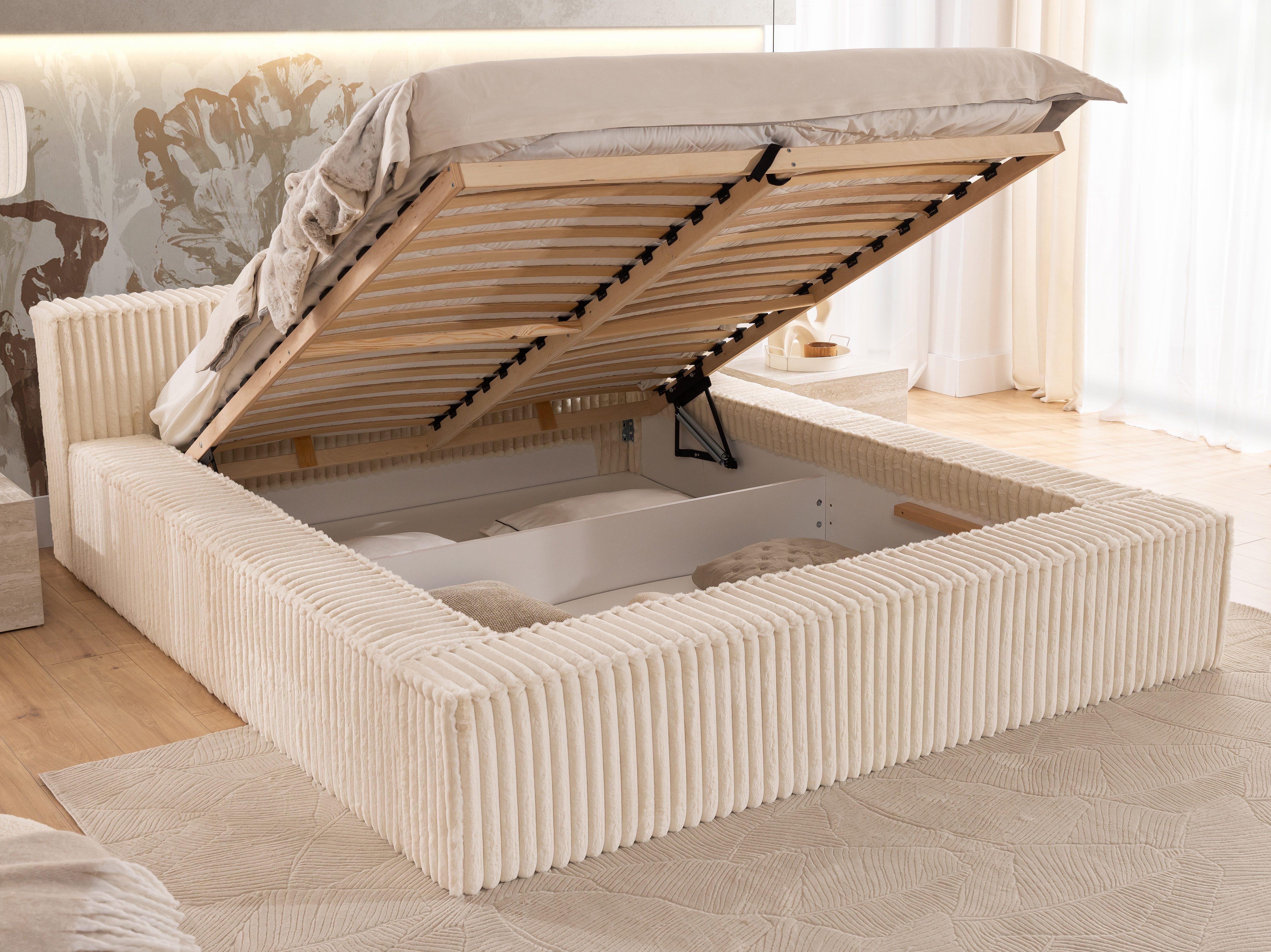S-Style Möbel Polsterbett Noord aus Plüschcord mit Lattenrost und großem Bettkasten, Plüschcord-Stoff