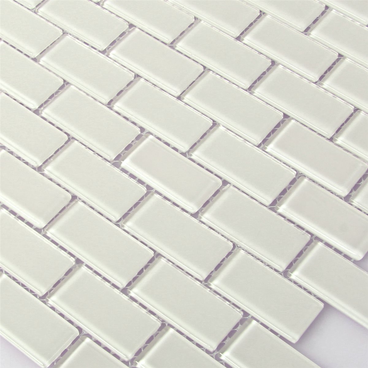 Mosafil Mosaikfliesen Muster Glasmosaik Fliesen Cunda Brick Weiß Glänzend, Glas 10.000x10.000, weiß, Verlegefertig auf ein Netz geklebt - Frostsicher - Wasserfest