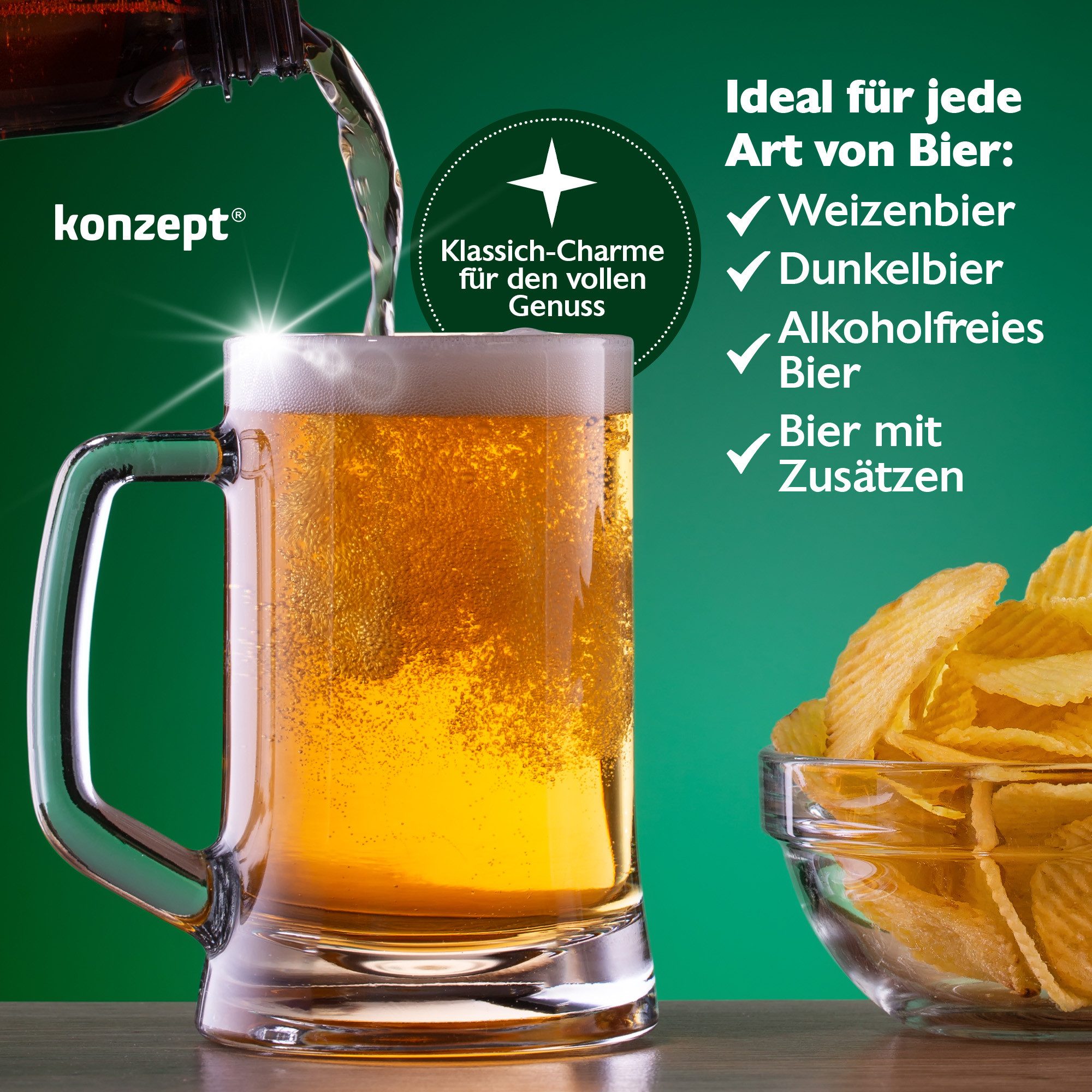 KONZEPT Bierkrug 0,5 liter, Biergläser mit Henkel, 4-tlg., Perfekt für Zuhause, Restaurants und Biergärten, spülmaschinenfest