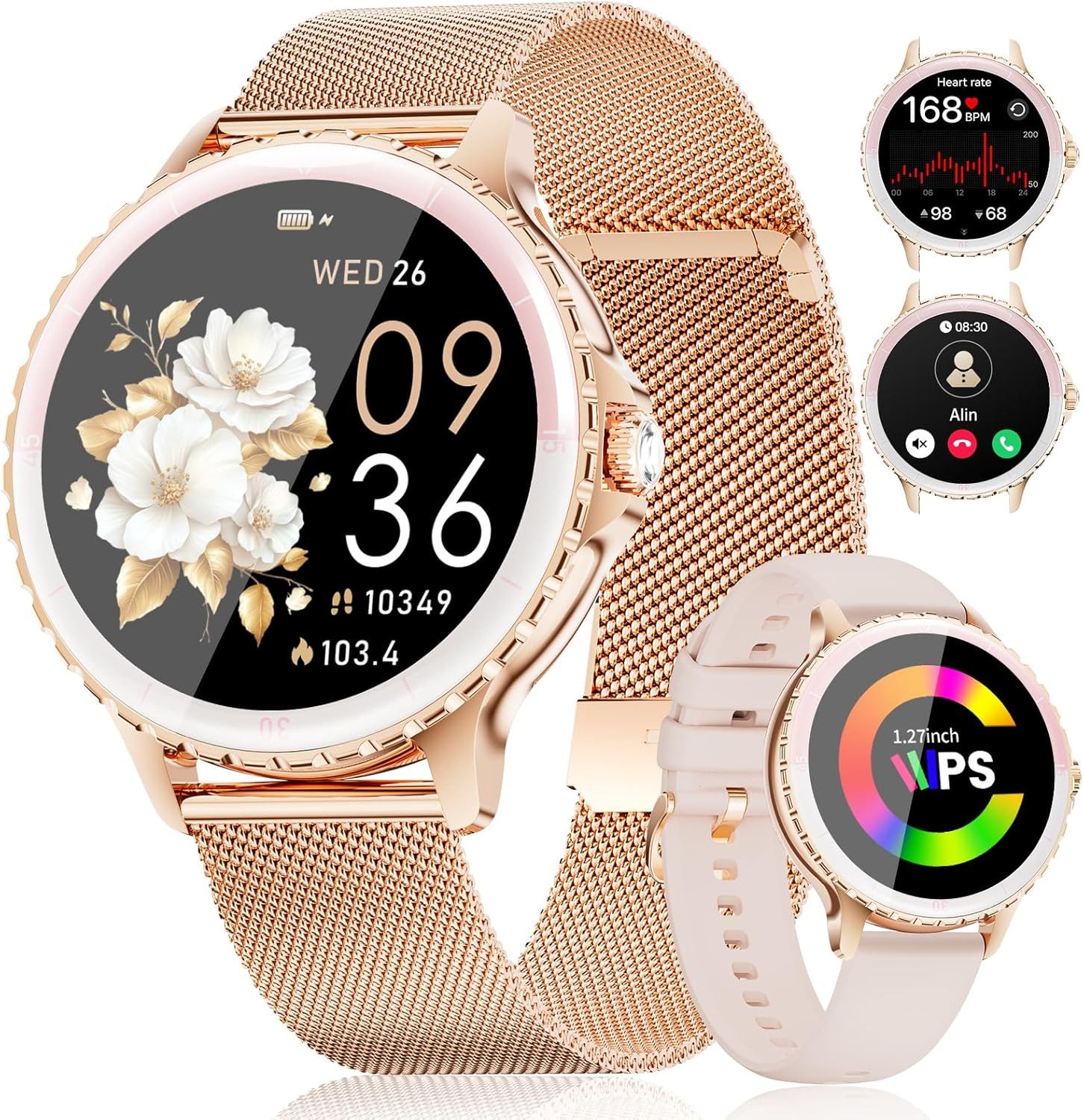 SUNKTA Smartwatch (3,4 cm, android ios), Smartwatch Damen mit HD Display Bluetooth Anruf Herzfrequenzmesser