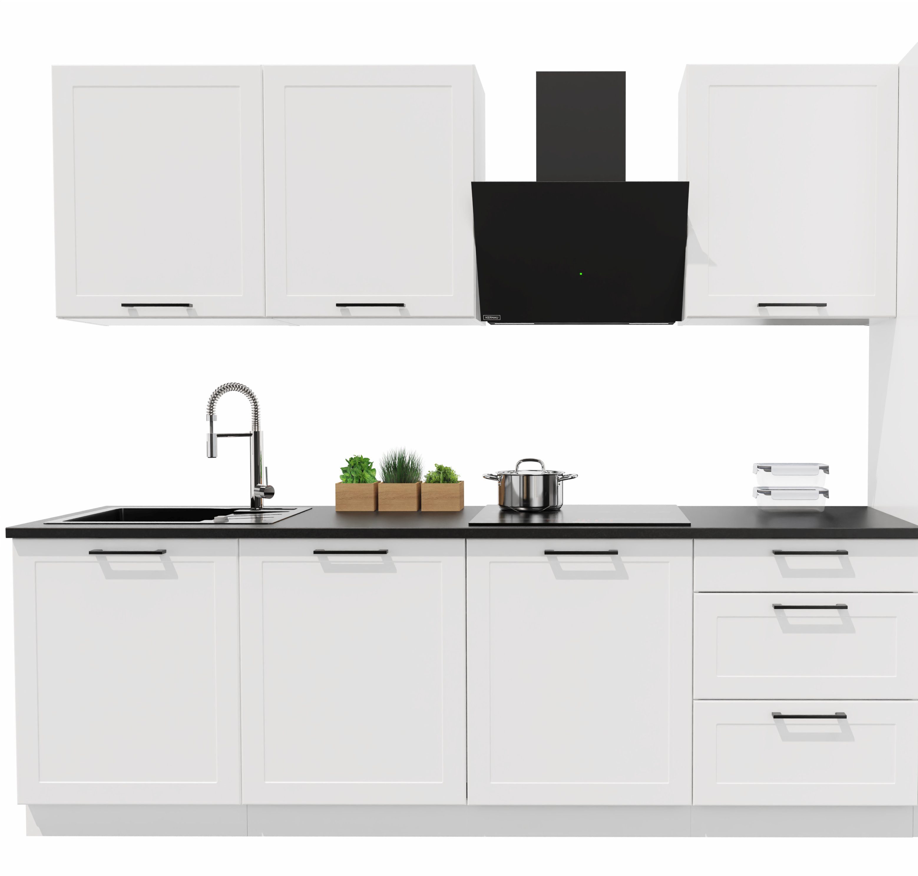 Möbel für Dich Кухниzeile Landhaus Einbauküche Adele 240 cm 7-teilig, mit Rahmenfronten in Mattweiß, Metallgriffe