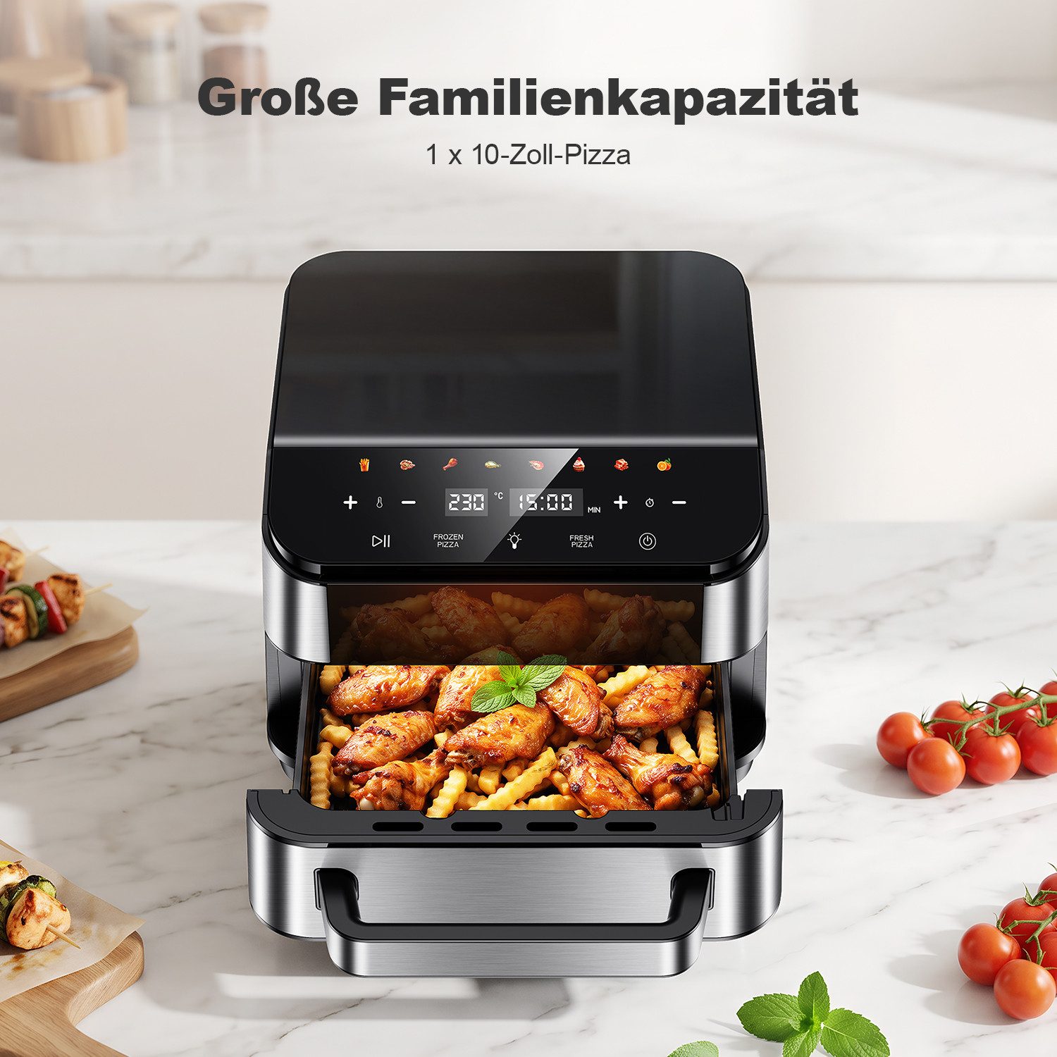 oyajia Heißluftfritteuse 2in1 Pizzaöfen & Airfryer, Pizzaprogramme, 8 Garprogramme, optimale Wärmeverteilung, extra breite Form, mit Sichtfenster, 4L, 2800,00 W, 10 Zoll Steinplatte, Temperatur 40–230°C Timer 1–60 Min, Fettwanne