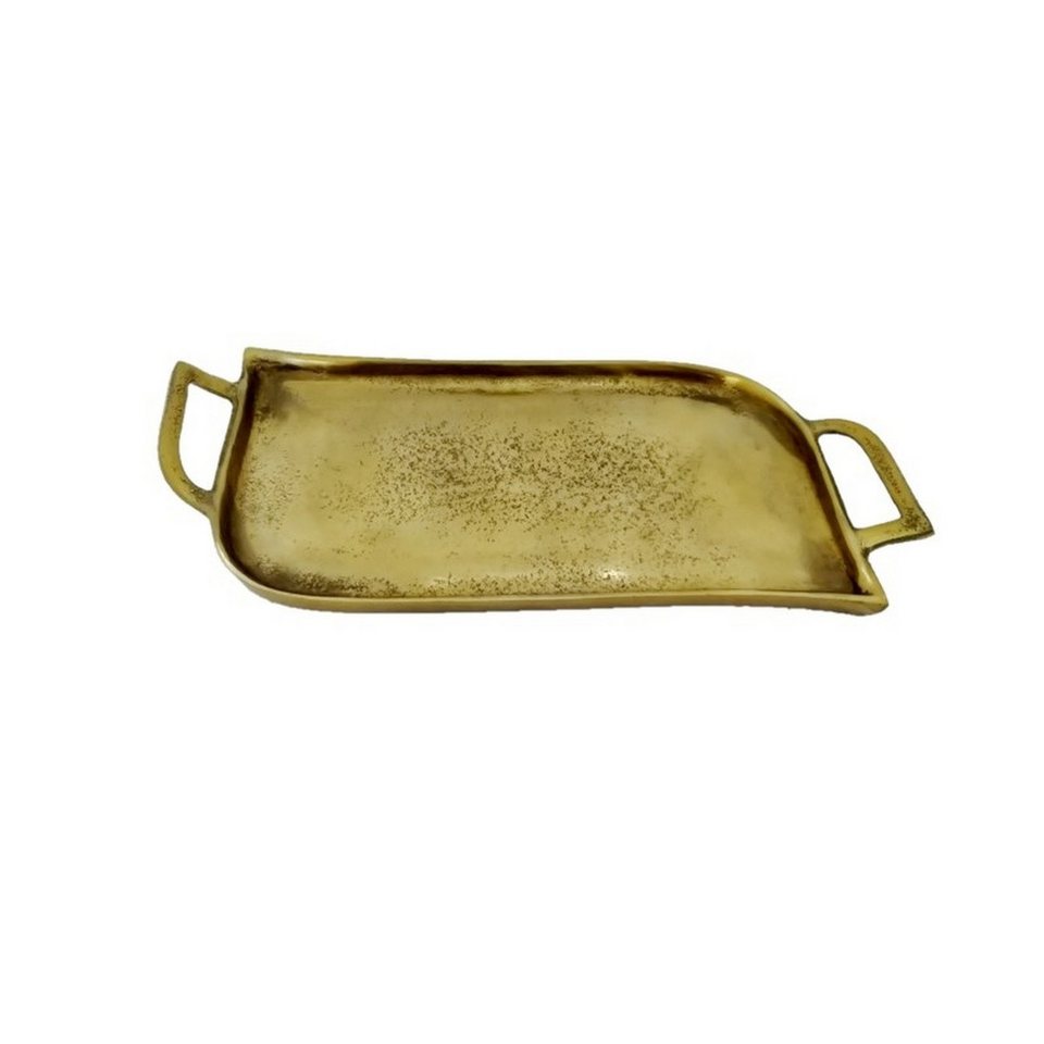 Antikas Wanddekoobjekt Aluminium Tablett gold patiniert rechteckig mit Griffen, H.3 cm
