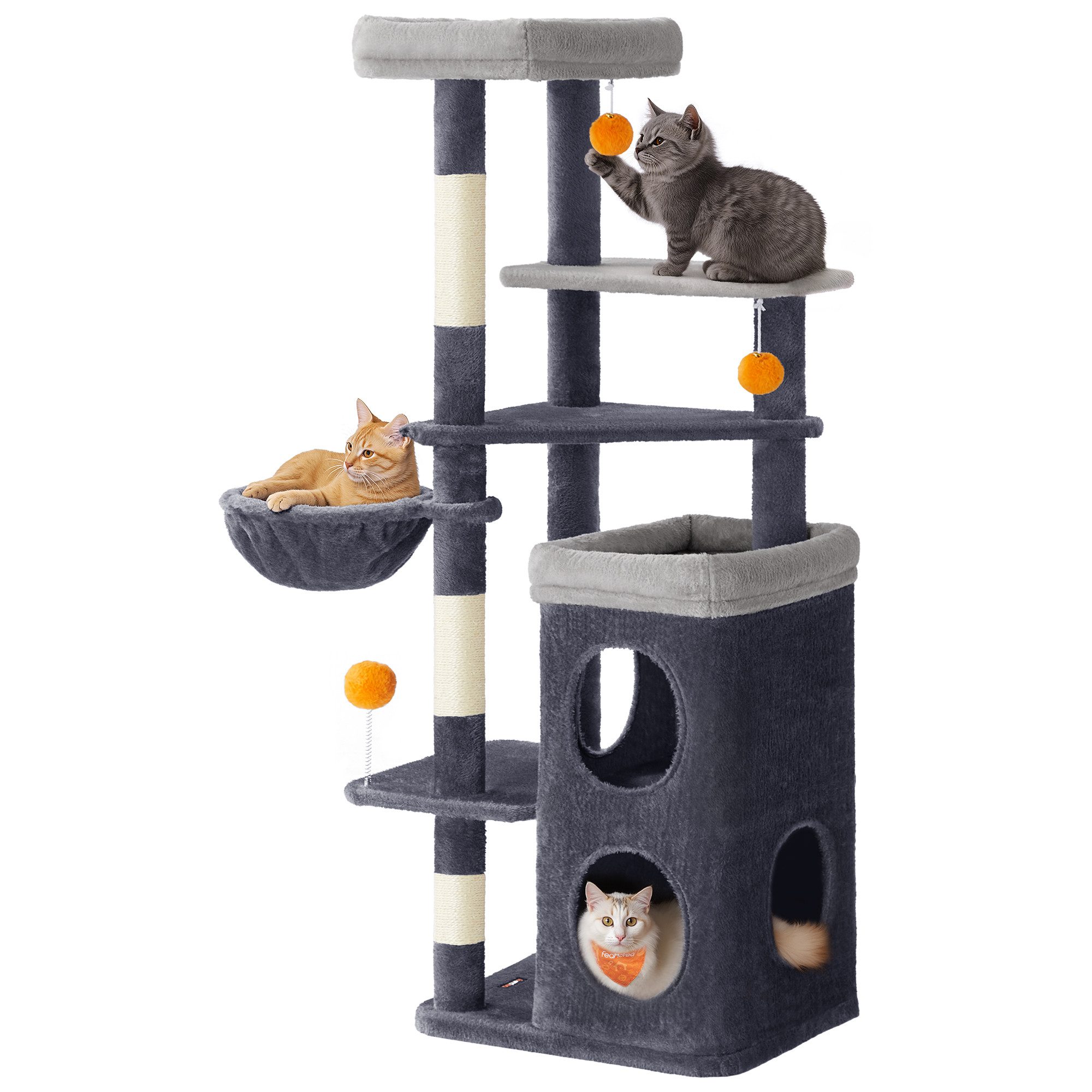FEANDREA Kratzbaum Katzenkratzbaum 150 cm, mehrstöckiger Katzenbaum, mit 2 großen Höhlen, 1 Liegemulde, 3 Kratzstämmen, 3 Plattformen