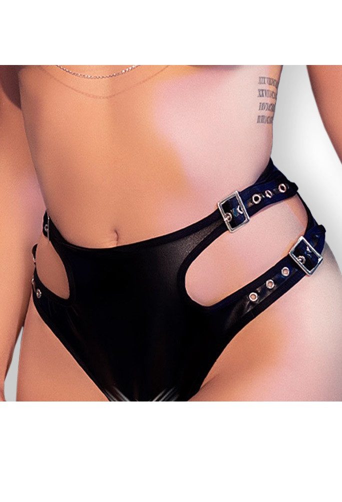 Chilirose Panty-Ouvert Höschen schwarz mit Schnallen Wetlook (einzel, 1-St)