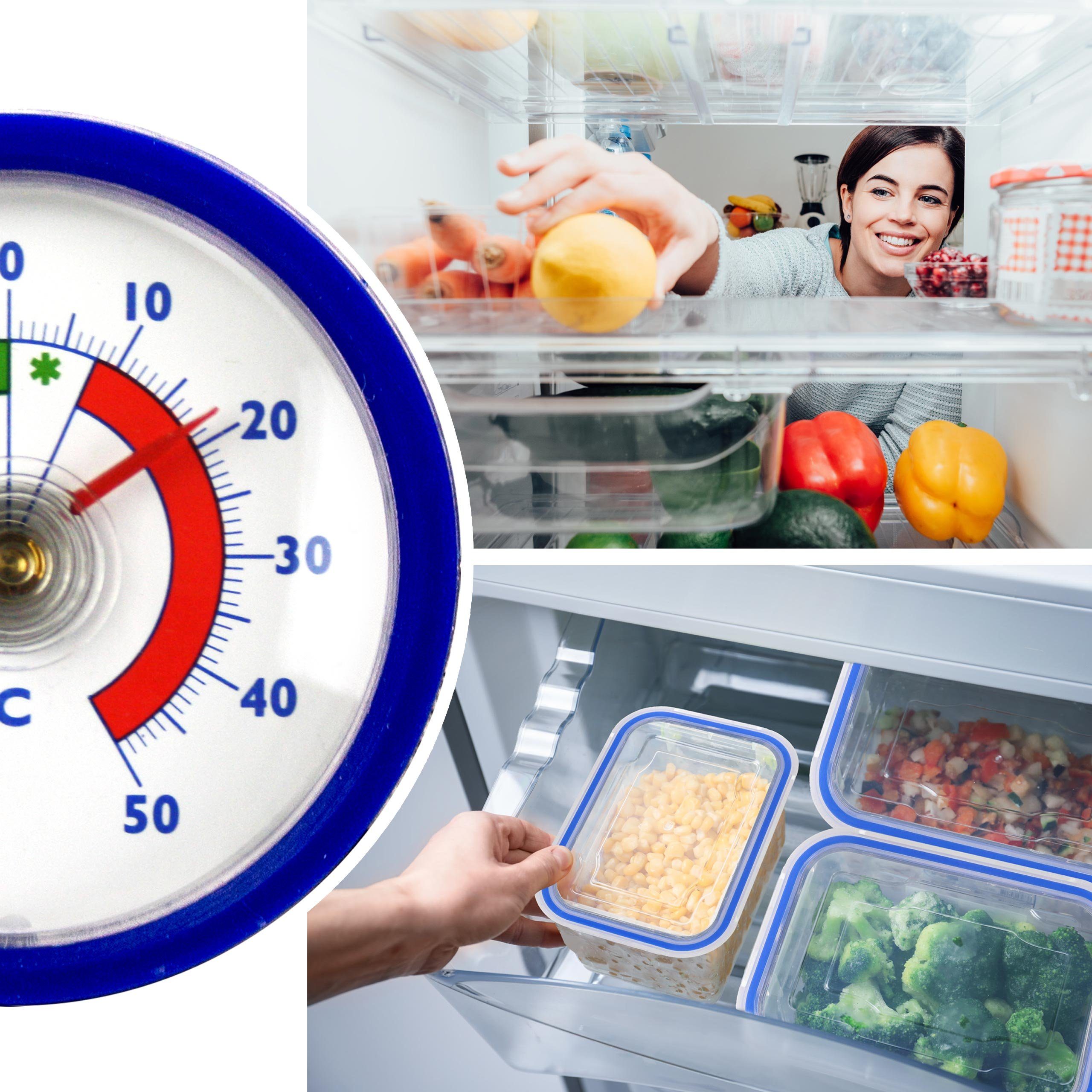 Lantelme Kühlschrankthermometer 5 Stück Set Farbwahl Selbstklebend Gefrierschrank Kühlfach Thermometer, 5-tlg., Klebepad anbei, Deutsche Herstellung, Analog ohne Energiequelle mit Bimetallfeder Temperatur + - 50°C