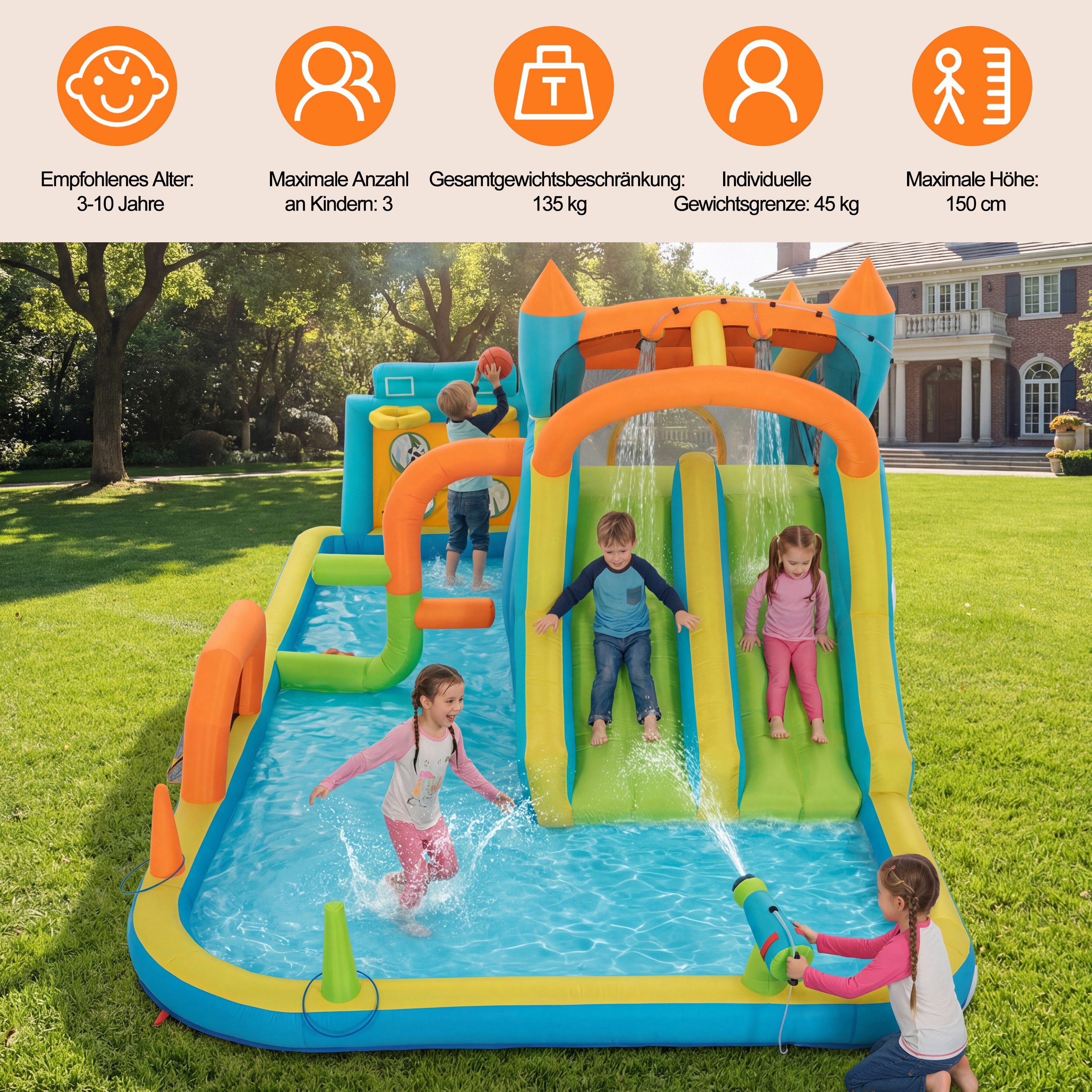 UEV Hüpfburg mit Gebläse Groß Aufblasbare Wasserpark Springburg 515x320x216cm, (XXL für Kinder von 3-10 Jahre, mit Kletterwand Sicherheitsnetz Kindergeburtstag), für Indoor und Outdoor Wasserrutsche Springen