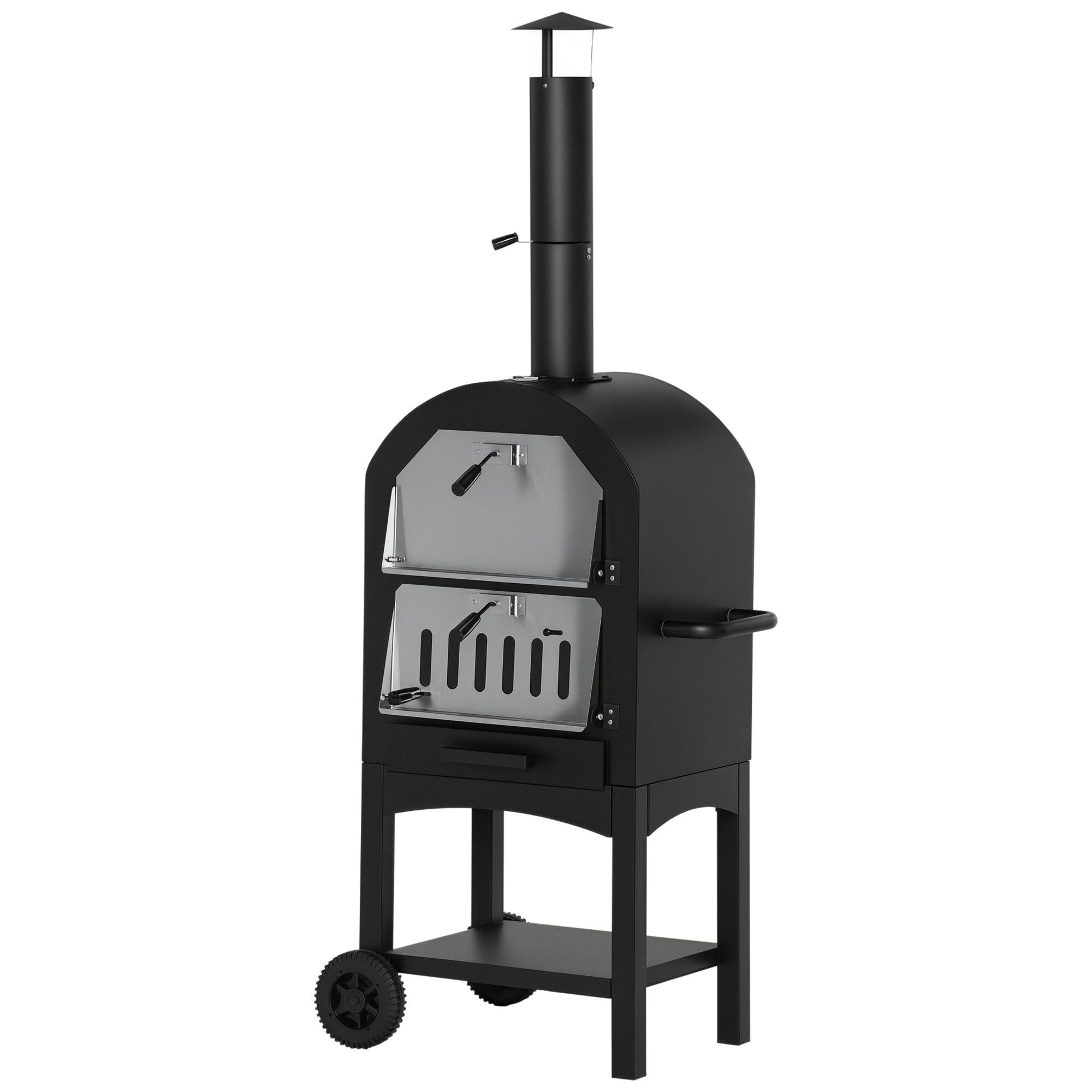 Outsunny Pizzaofen Grillofen mit Schutzhülle Pizzaschaufel 2 Grillnetzen Grillwagen, 63 x 54 x 161 cm, Stahl