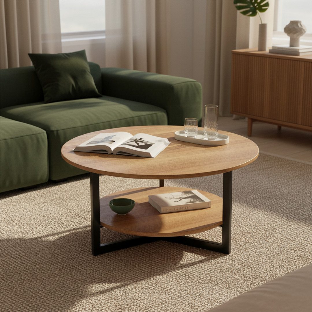 skølm Couchtisch Drakkar aus Massivholz Eiche mit Metallgestell, Wohnzimmertisch Ø70 cm mit 2 Ablageflächen