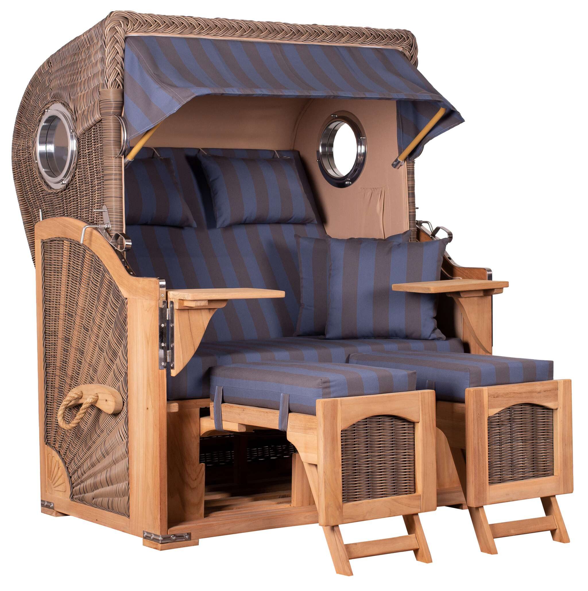 MR.DEKO Strandkorb Komplettset Düne Teak Grey Volllieger inkl. Lifter & Haube Blau/Grau, BxTxH: 125x80x170 cm, Volllieger, Düne, (Luxus-Komplettset 4-tlg. inkl. Abdeckhaube, 4-tlg., Strandkorb mit Abdeckhaube, Rollen & Lifter-System), Wetterfester Strandkorb inkl. Lifter & Rollen, Fertig montiert