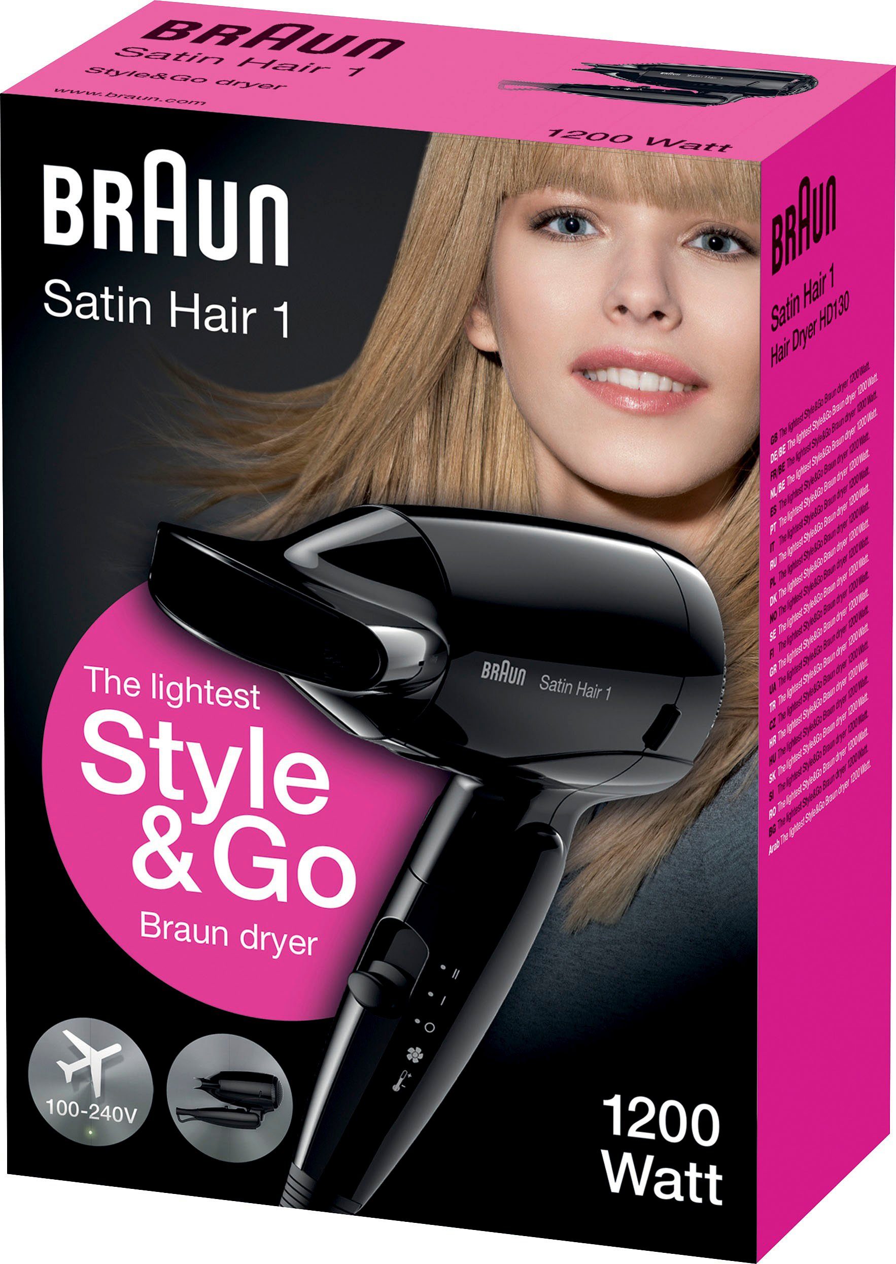 Trocknen Braun Satin & für beim und 1 Flexibilität Braun Stylen 1200 W, Faltbar, Reisehaartrockner Hitze/ Hair Luftstromeinstellung Style Go,