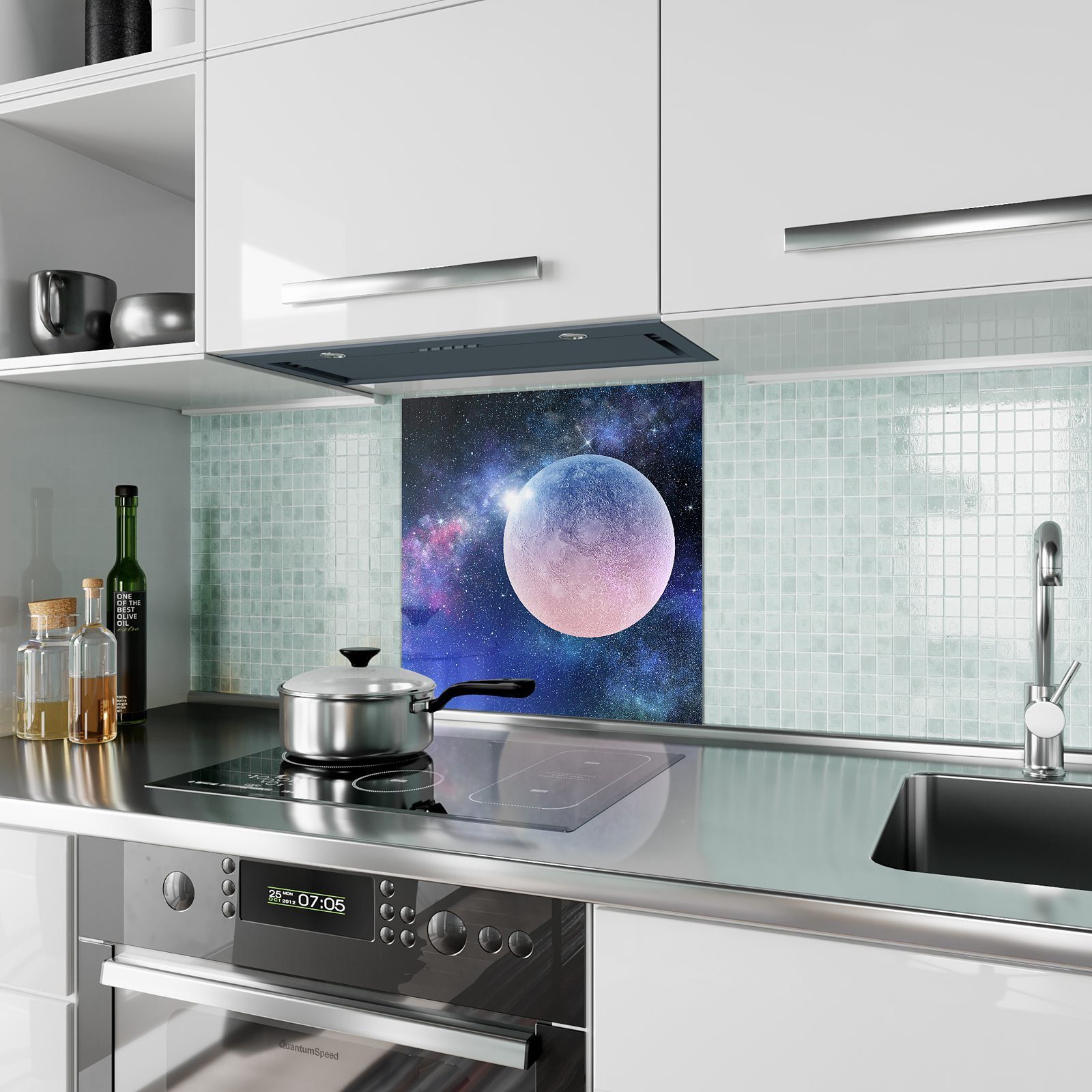 Glas Küchenrückwand Küchenrückwand aus mit Vollmond Motiv Spritzschutz Weltall Primedeco vom