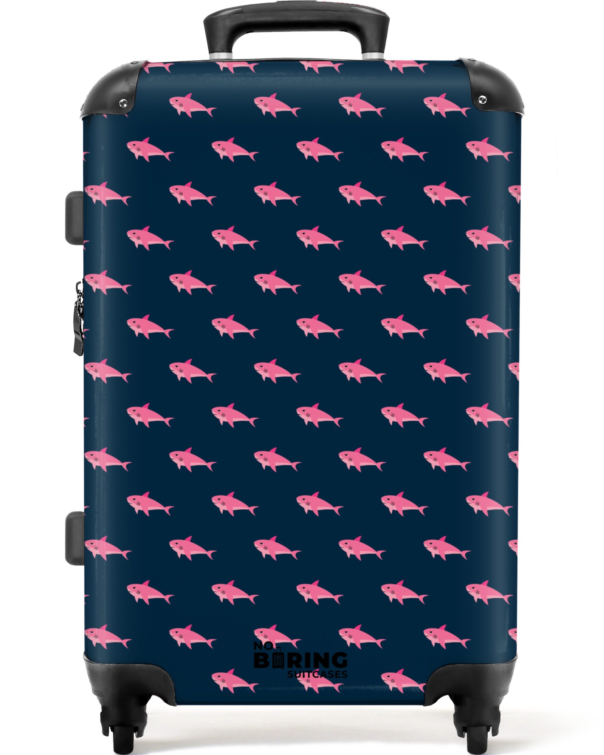 NoBoringSuitcases.com© Hartschalen-Trolley Blau mit rosa Hai-Aufdruck günstig online kaufen