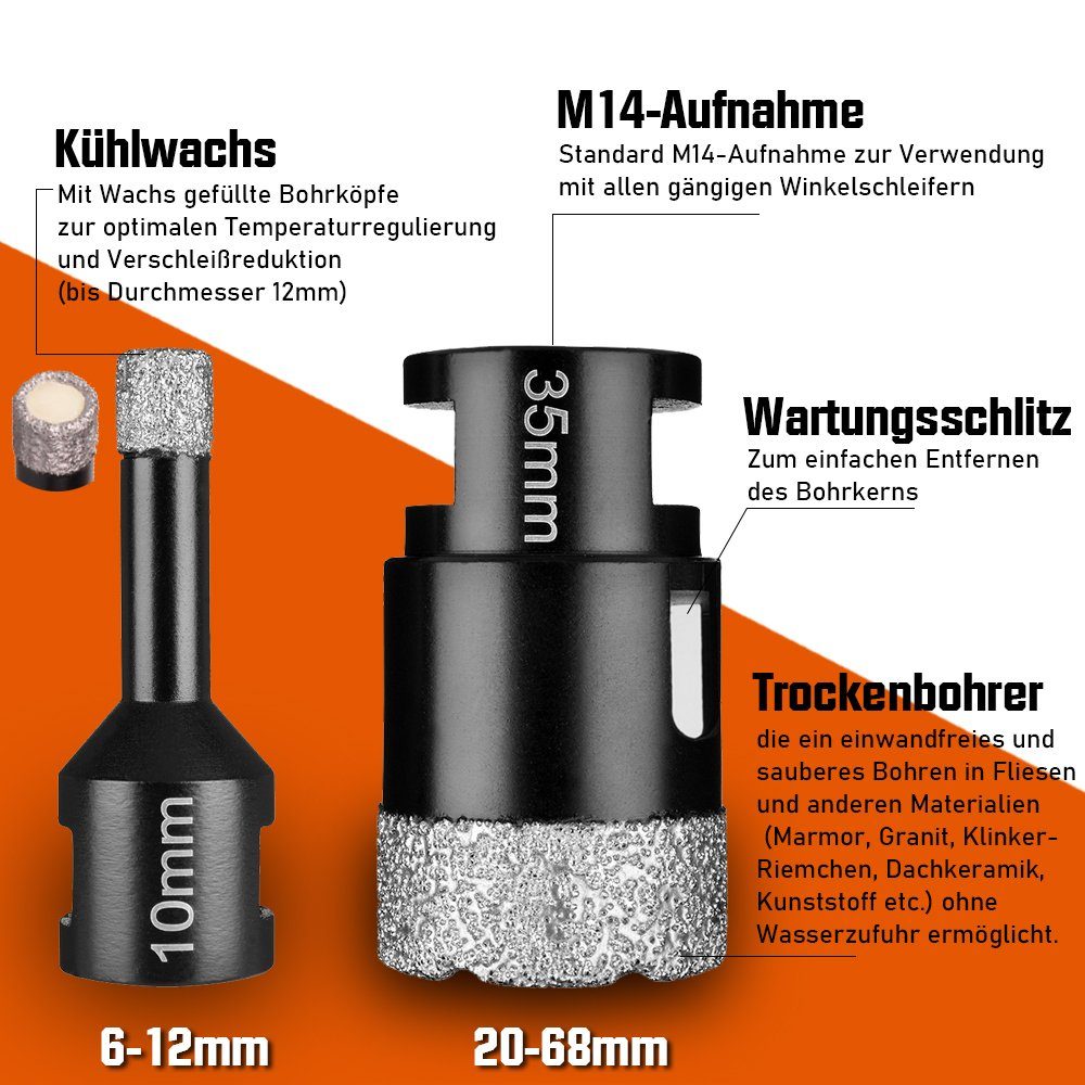 XERSEK M14 6-68mm Für Kernbohrer Lochsäge Bohrkrone Winkelschleifer, 11tlg / Fliesenbohrer Trockenbohrkrone Nass- Diamant Fliesenbohrkrone