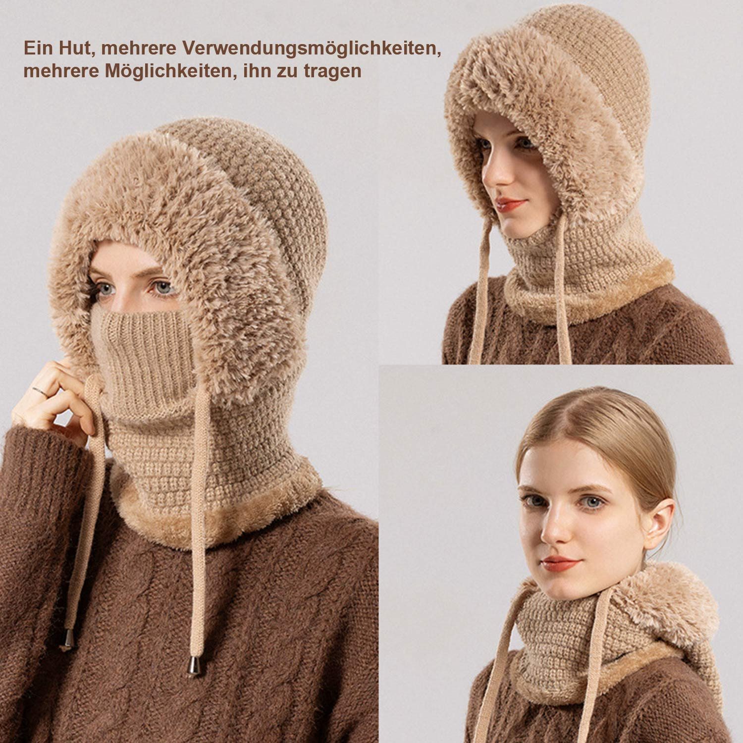 Refttenw Sturmhaube Fahrrad Wintermütze Damen Strickmütze mit Schal & Windmaske (1-St) warmes Fellfutter & verstellbarer Tunnelzug