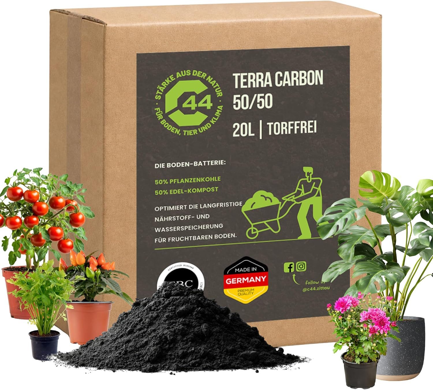 C44-Zittau Bodenverbesserer Terra Carbon 50/50 Bodenaktivator Pflanzenkohle Kompost 20L, 50 % Pflanzenkohle & 50 % reifer Edel-Kompost, 1-St., Terra Preta Bodenverbesserer für sandige Böden 0-8 mm