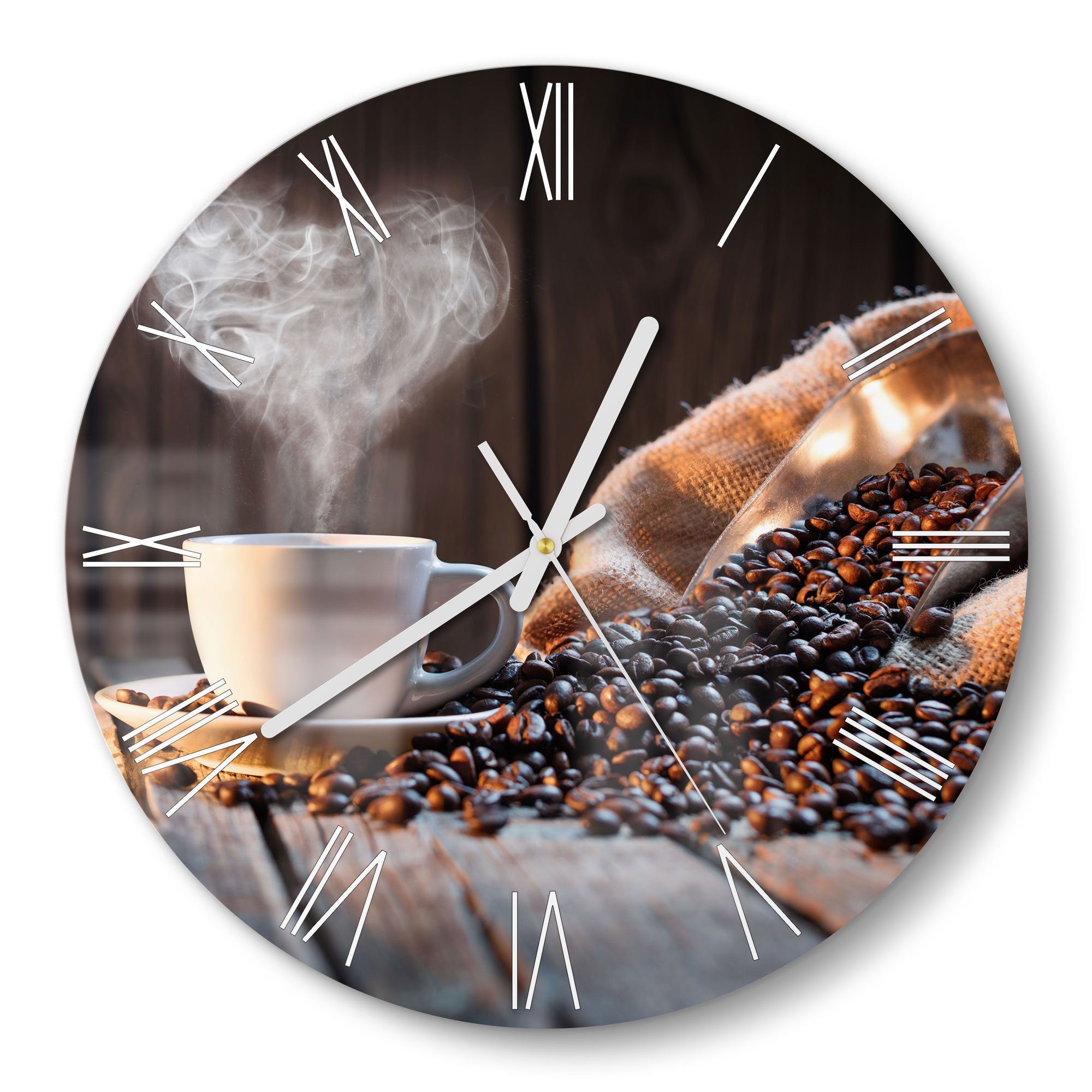 DEQORI Wanduhr 'Rustikale Kaffeeliebe' (Glas Glasuhr modern Wand Uhr Design Küchenuhr)