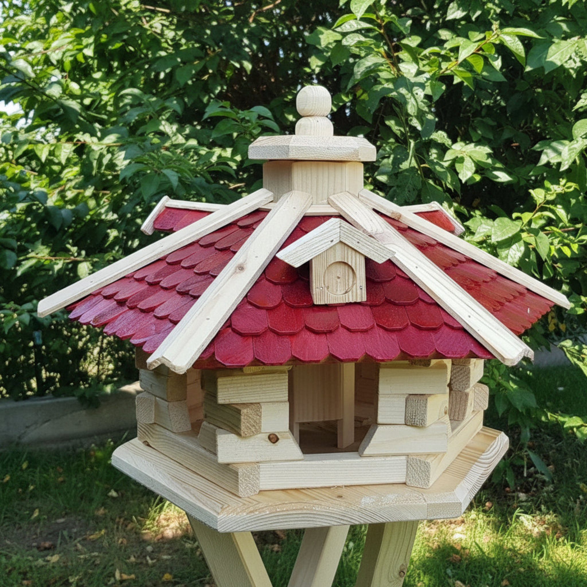 Holzdekoladen Vogelhaus Vogelhaus aus Holz wählbar mit Ständer – 6-seitig, mit Futterdosierer