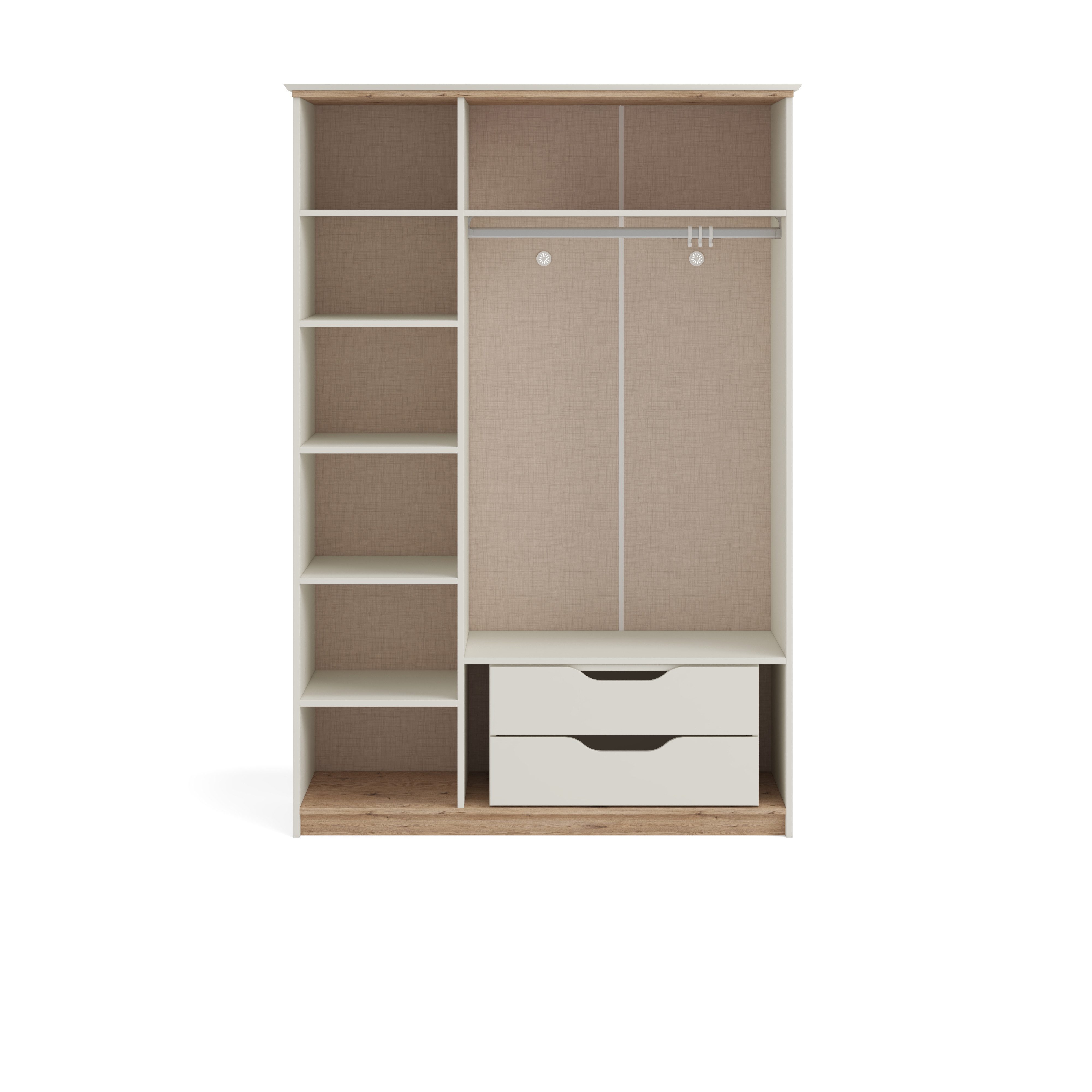 Möbel-Zeit Kleiderschrank POLO 3-türig – Weiß/Natur – Inkl. Kleiderstange & 2 Schubladen