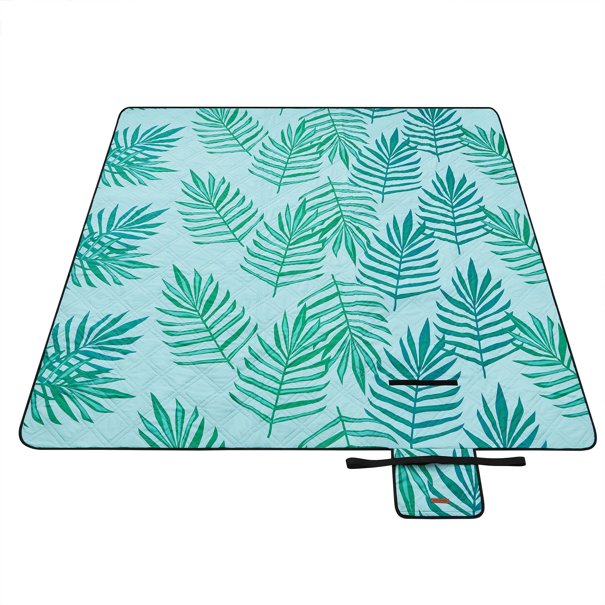 Picknickdecke 200 x 200 cm, groß, Campingdecke, für Park, Garten, Strand, SONGMICS, wasserdicht, maschinenwaschbar, faltbar, hellblau mit tropischem Farn
