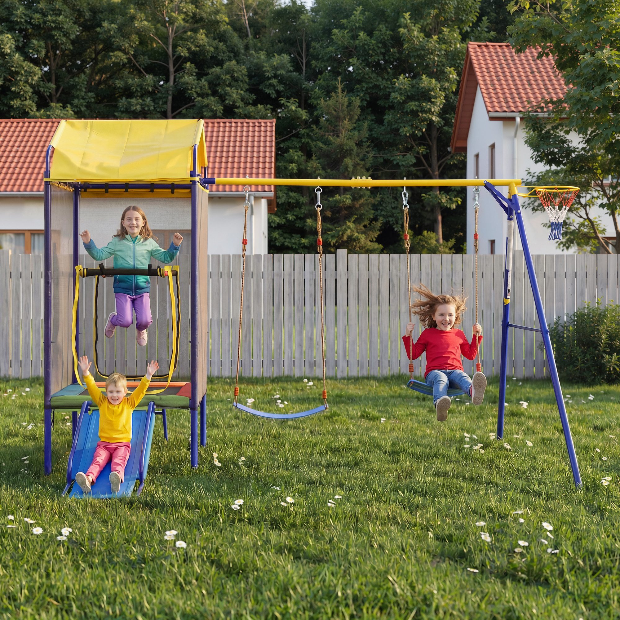 Merax Spielturm mit Sicherheitsnetz, 4-in-1 Spielgerät mit Trampolin Doppelschaukel Rutsche Basketballkorb