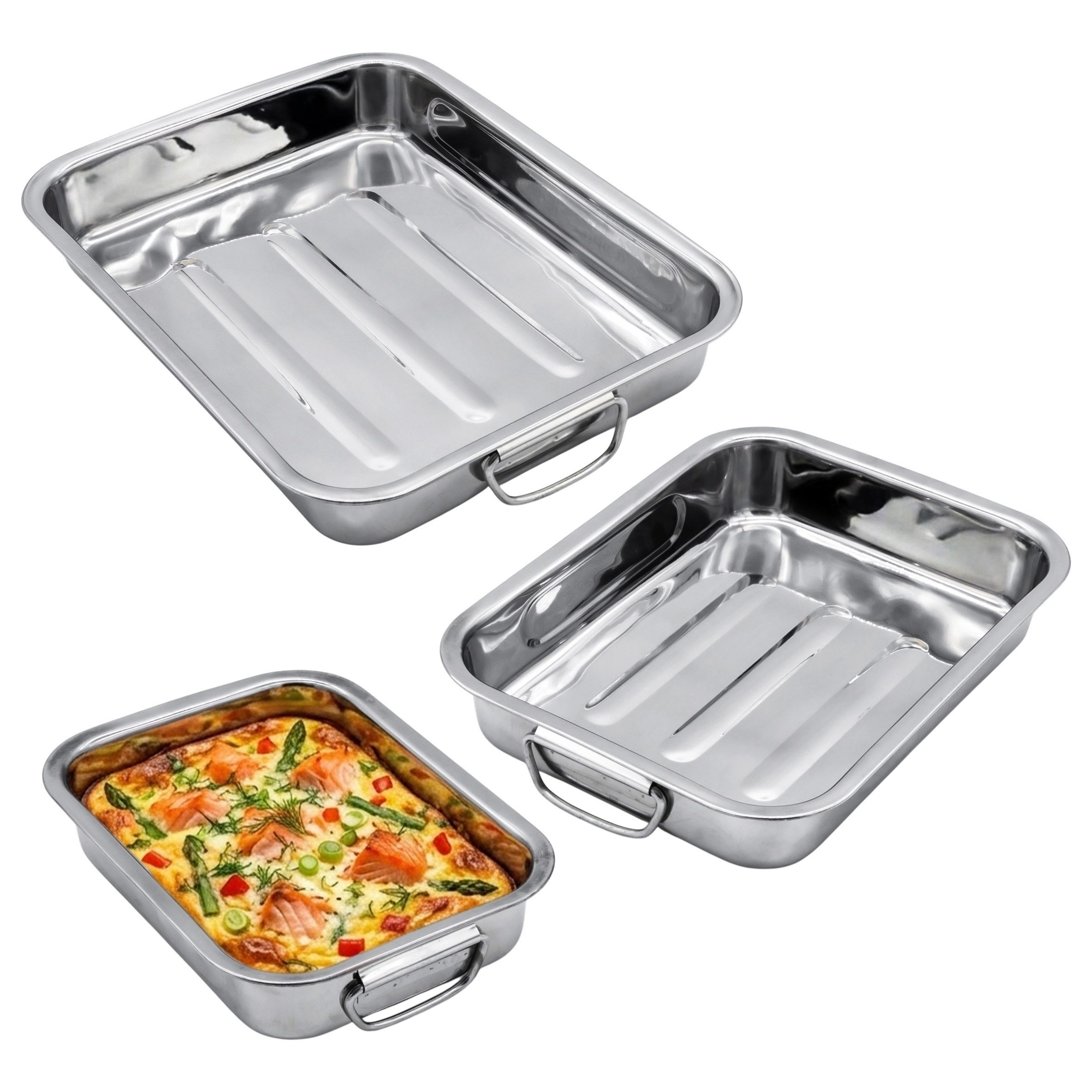 Spetebo Bräter Edelstahl Bräter mit mit klappbaren Griffen - 3er, Edelstahl (3er Set, 3-tlg., Bräter in 3 verschiedenen Größen), Metall Kasserolle Servierpfanne