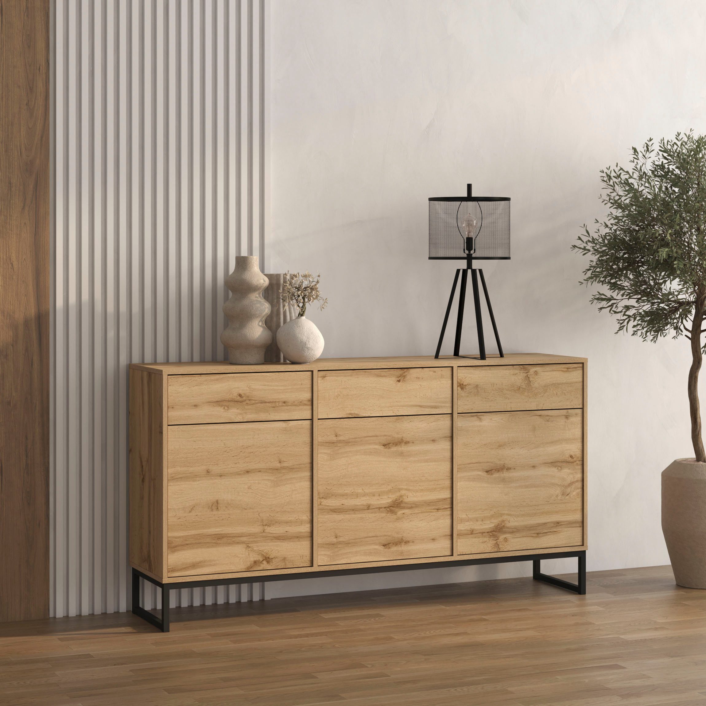 OTTO home Sideboard Loft, Breite 157 cm, grifflose Kommode 3 Türen/3 Schubkästen., Schubladenschrank mit viel Stauraum, Einlegeböden verstellbar