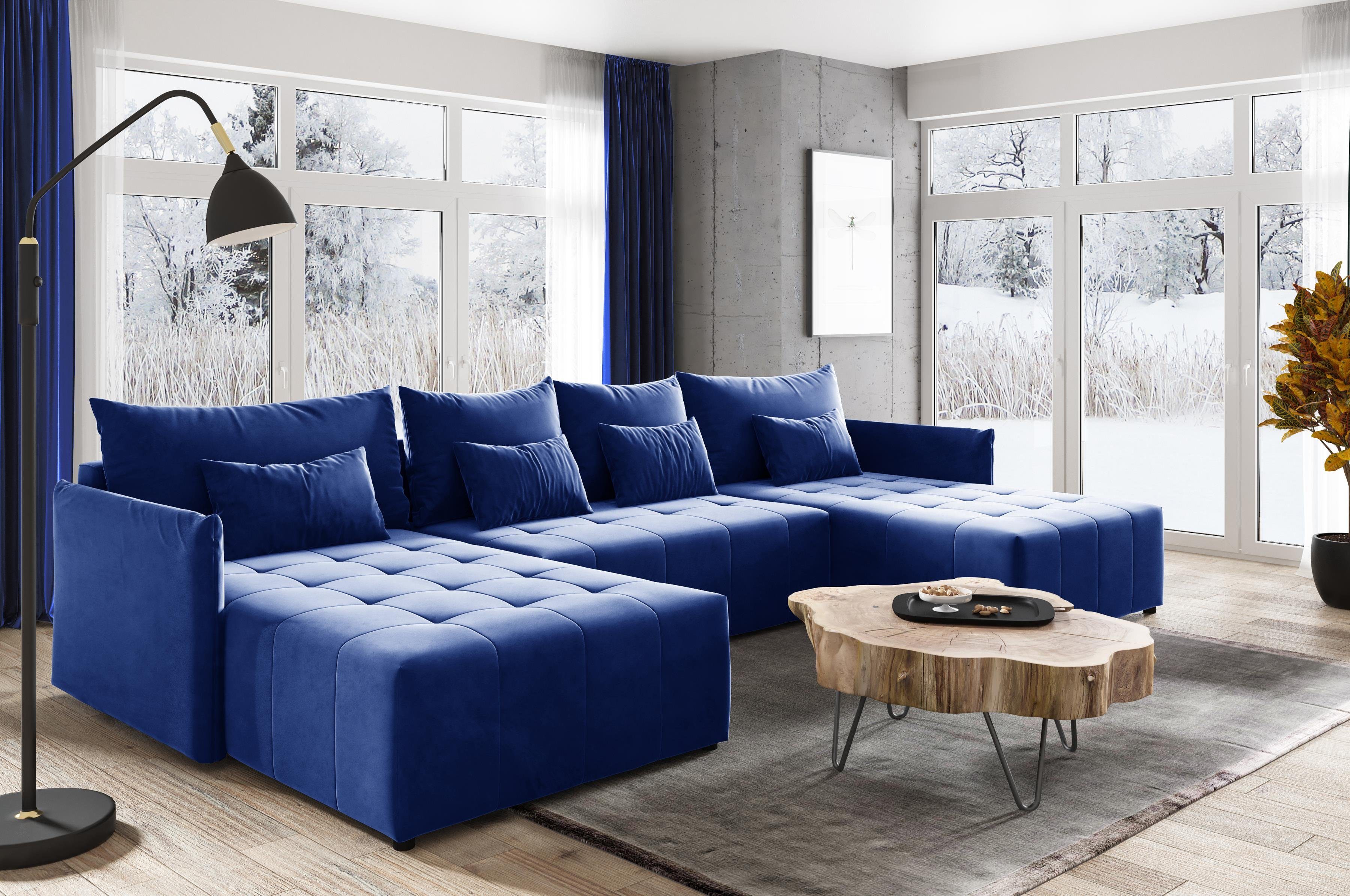 Compleo Ecksofa Ecksofa mit Schlaffunktion aus Velourstoff NAPOLI U-Form, Sofa blau