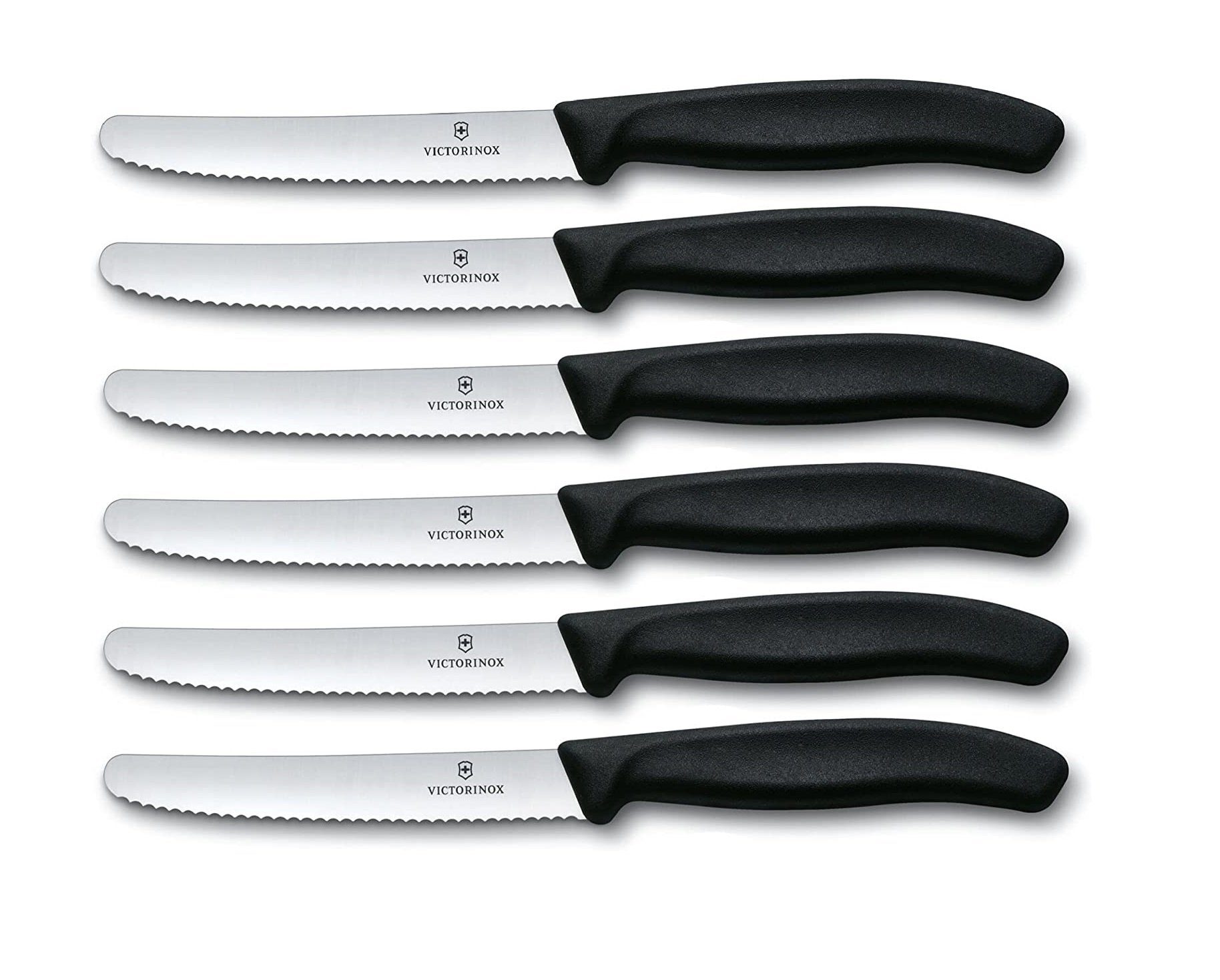 Victorinox Tafelmesser 6-tlg. Tafelmesser Set Swiss Classic mit Wellenschliff, Schwarz (6 Stück), spülmaschinengeeignet, rostfreier Edelstahl