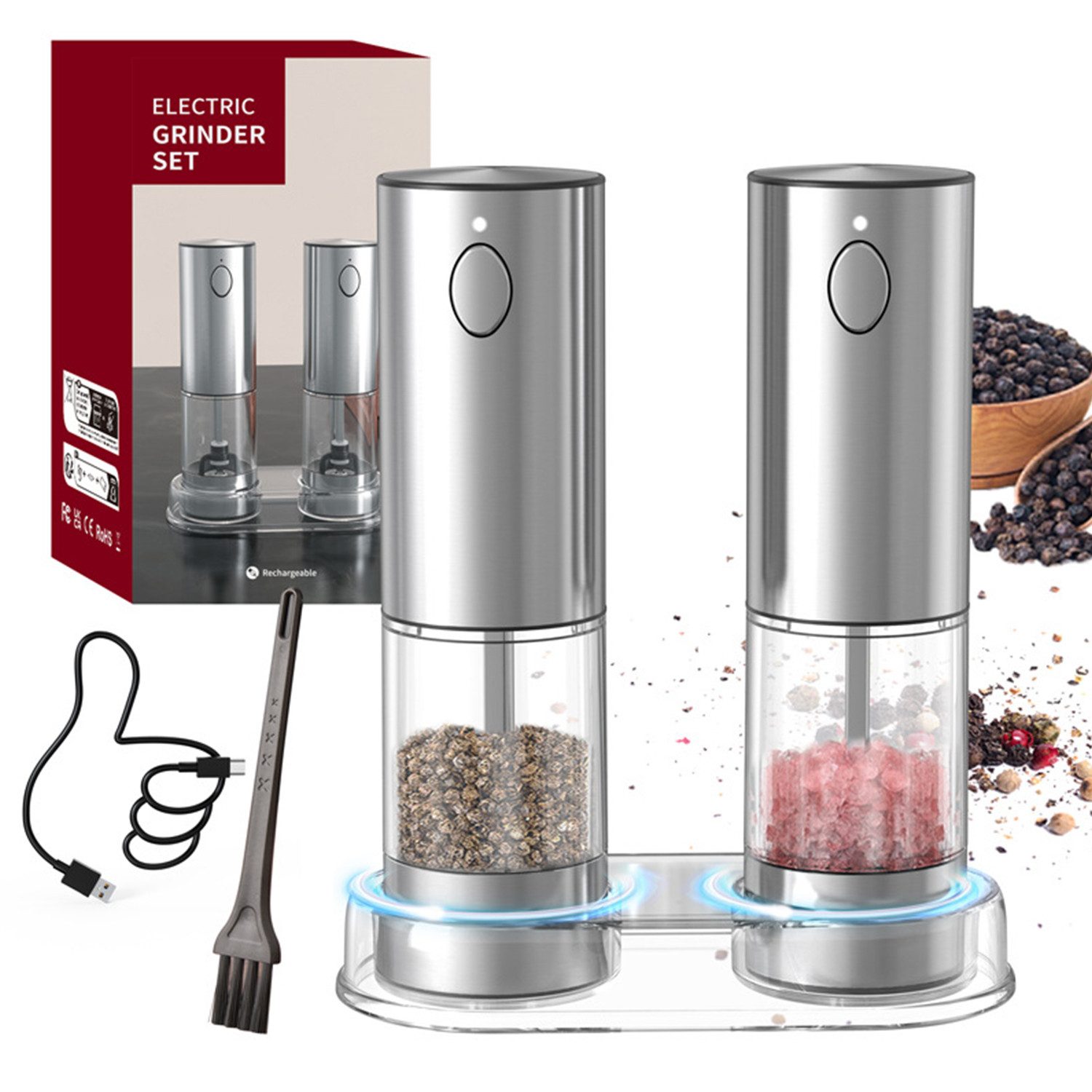 Salz-/Pfeffermühle Salz und Pfeffermühle Elektrisch mit Basis USB Aufladbar