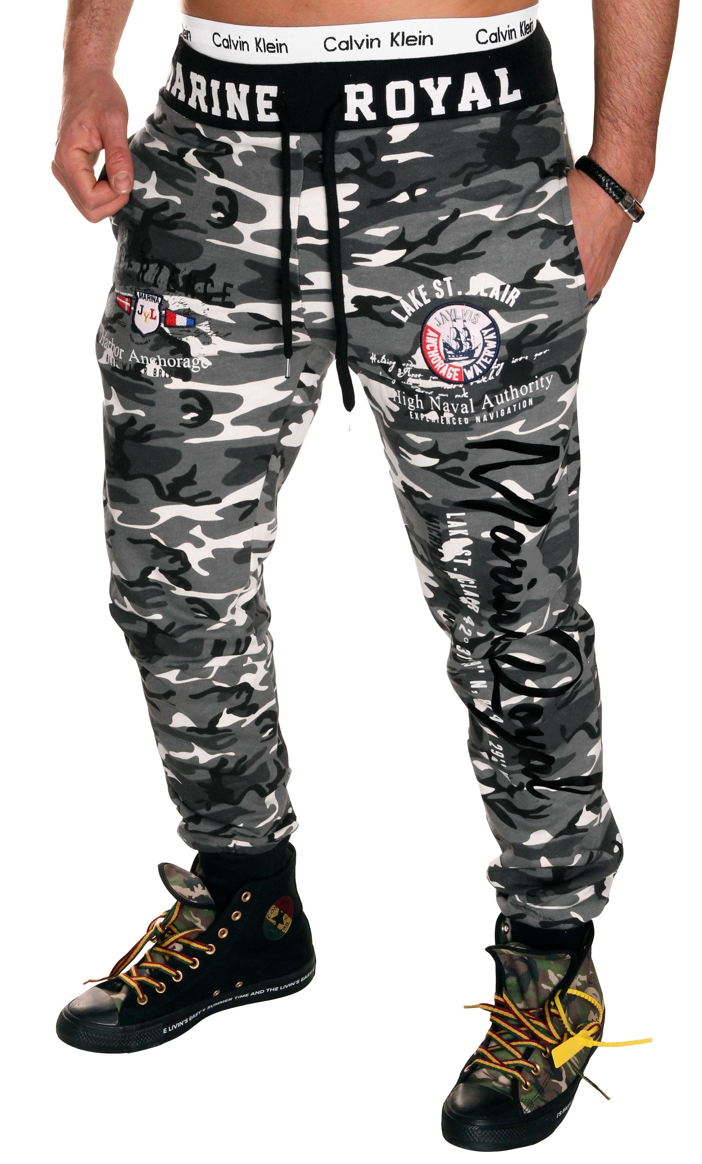 Jaylvis Jogginghose Herren Trainingshose Sport Hose Camouflage Uni Marine Royal Camouflage/Hell-Schwarz