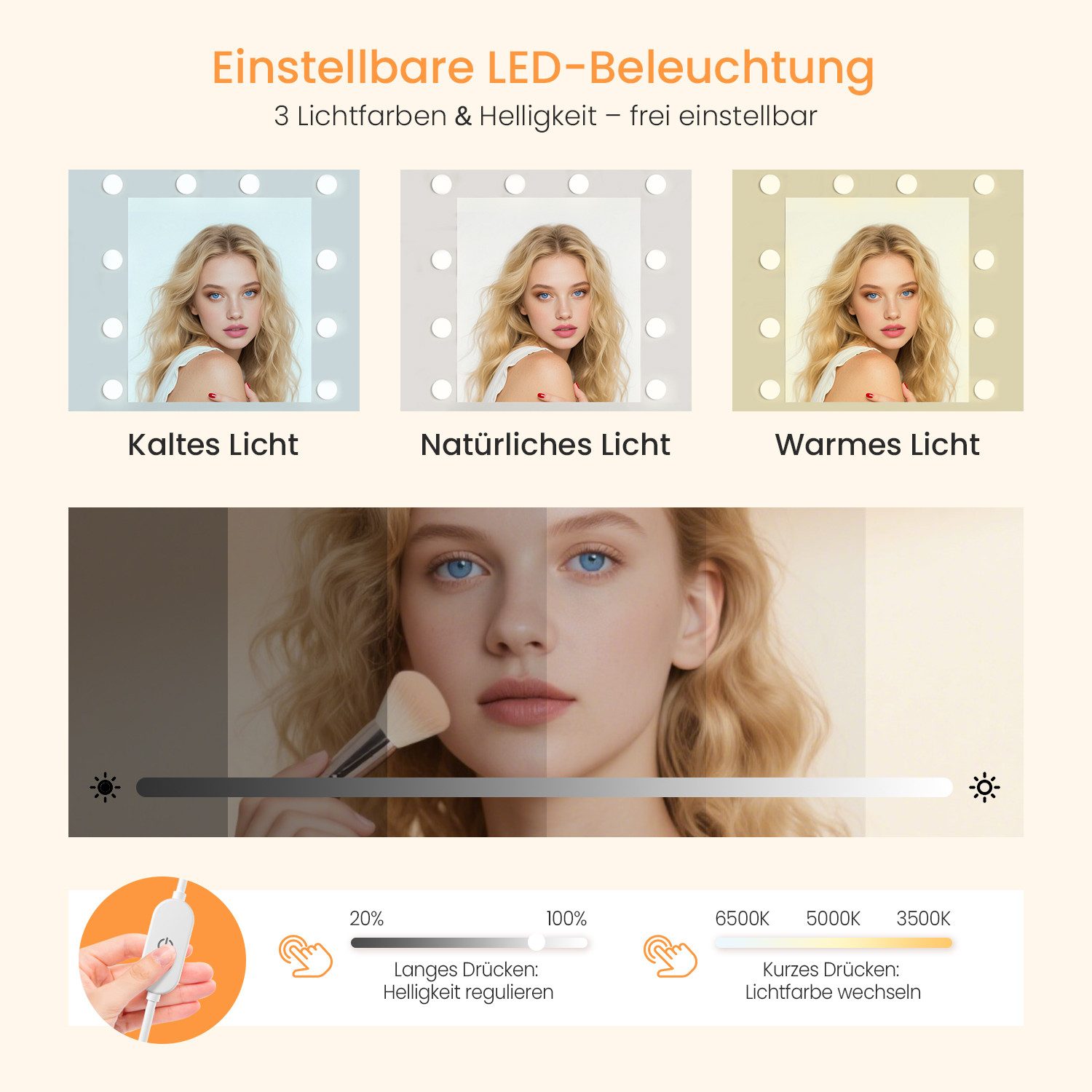 Lexzurn Schminktisch Schminktisch mit LED-Beleuchtung, großem hochauflösendem Spiegel (mit Steckdose und USB-Ports,10 offene Fächer,3 Schubladen, 2 Schränke,5 Schmuckhaken,10 LED-Leuchten, 3 Lichtfarben), Maße: 107 × 40 × 140 cm. Leise laufende Schienen, Kippschutz.