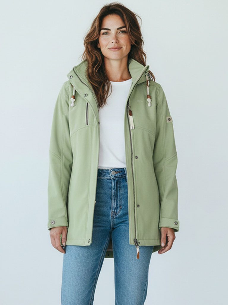 Dry Fashion Softshellmantel Büsum Damen Softshelljacke Büsum mit abnehmbarer Kapuze und Fleece-Futter