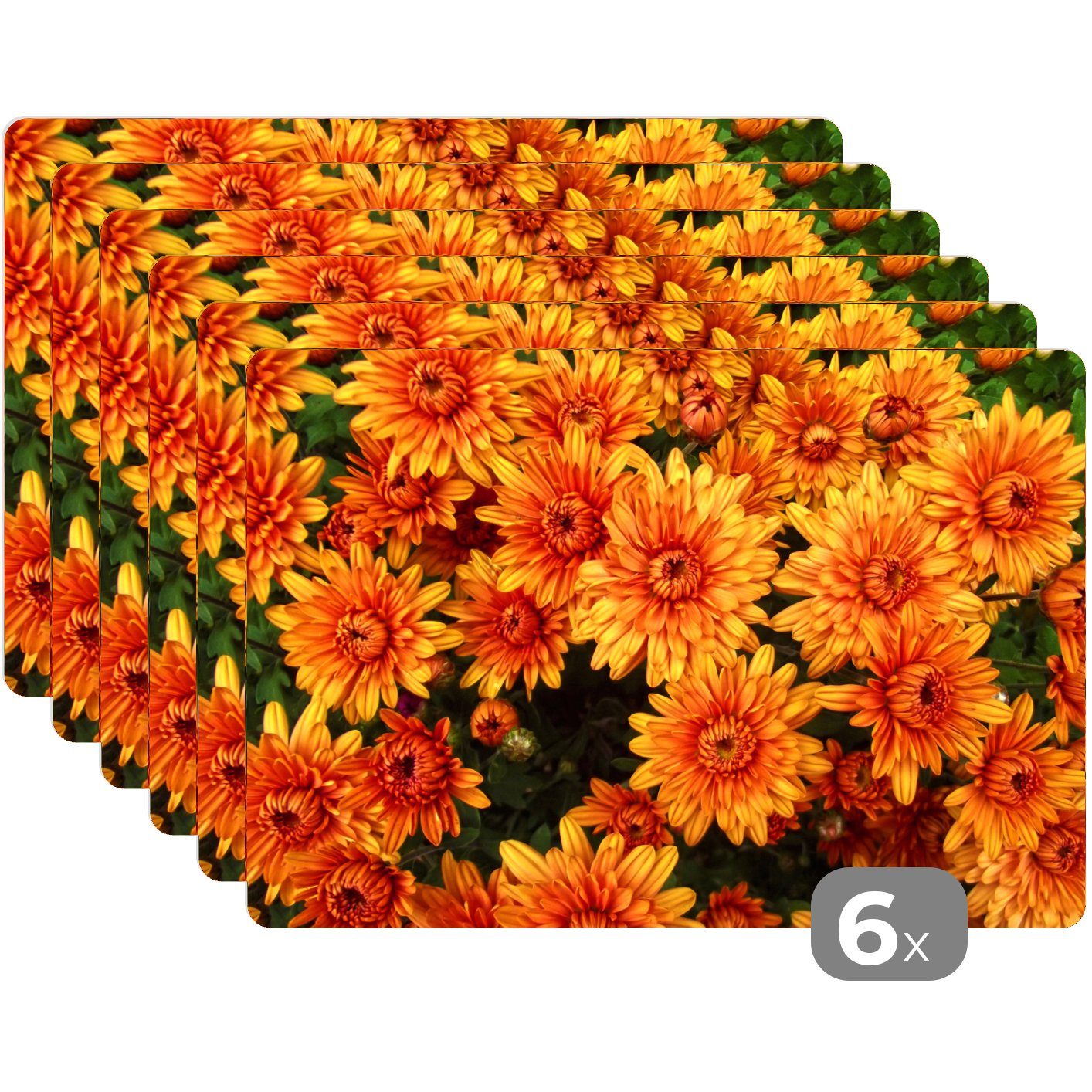 Platzset, - Schmutzabweisend Platzmatte, Orange Platzset, Chrysantheme, (6-St), Tischmatten, Blumen MuchoWow, - Platzdecken,