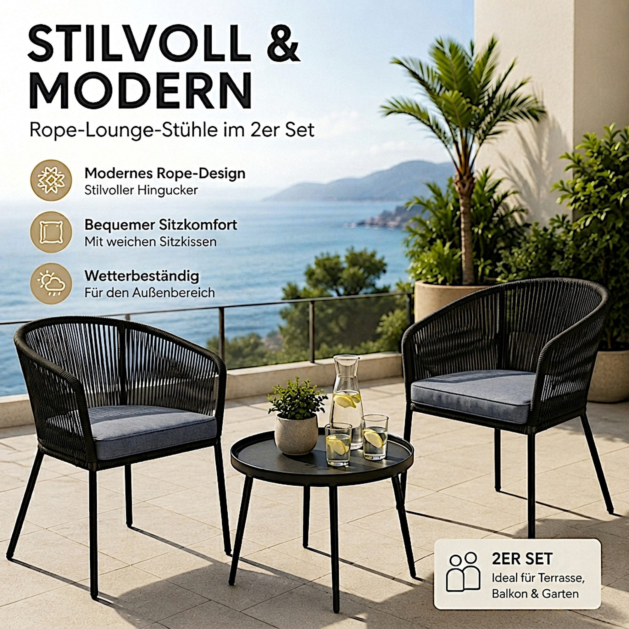 ESTEXO Gartenstuhl Lounge Stuhl 2er Set Gartensessel Rope Loungesessel Outdoor Schwarz – Bild 4 von 5