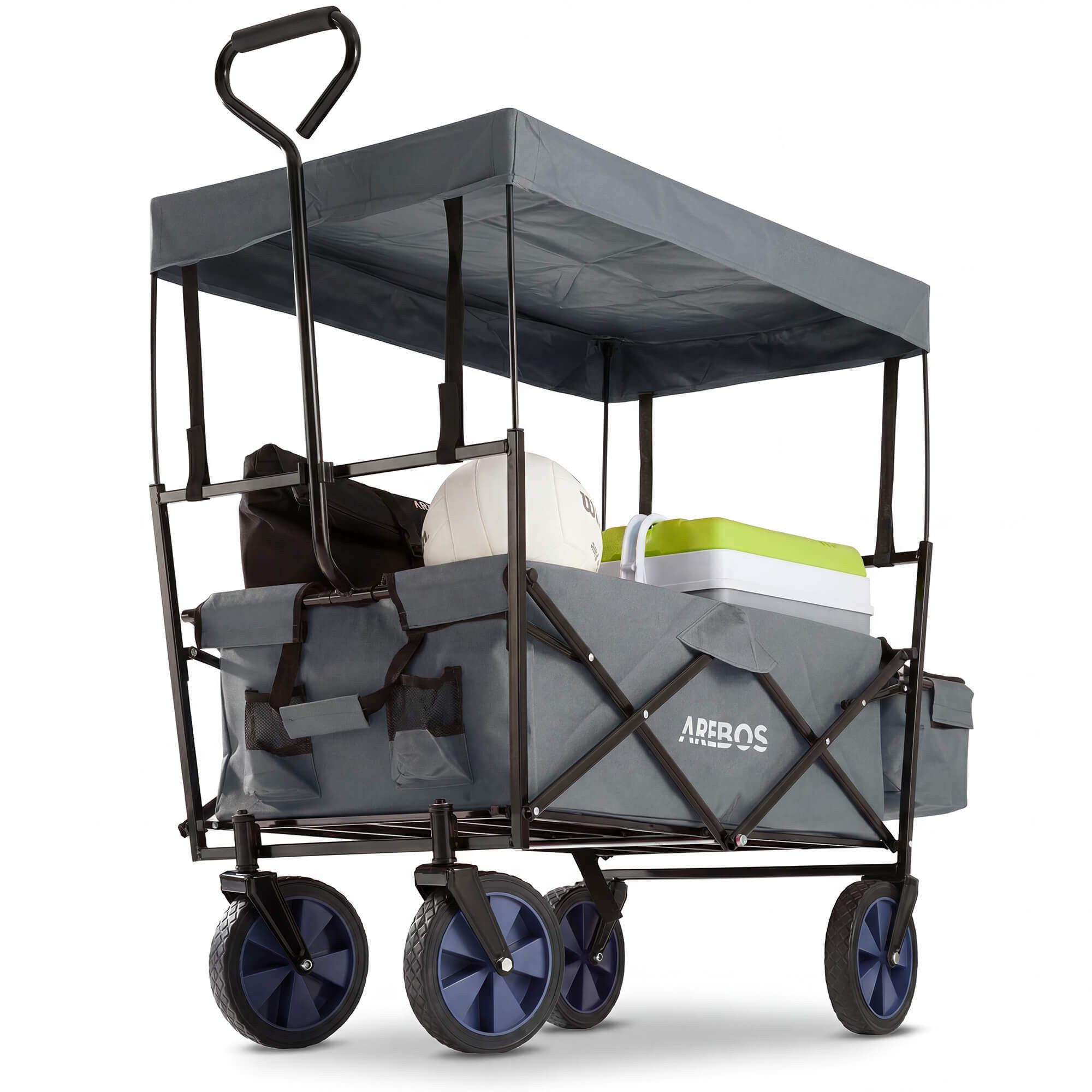 Arebos Bollerwagen ECO faltbar mit Dach, 70 kg Tragkraft für Garten, Camping & Ausflüge (Grau), Maße 117 x 55 x 125 cm