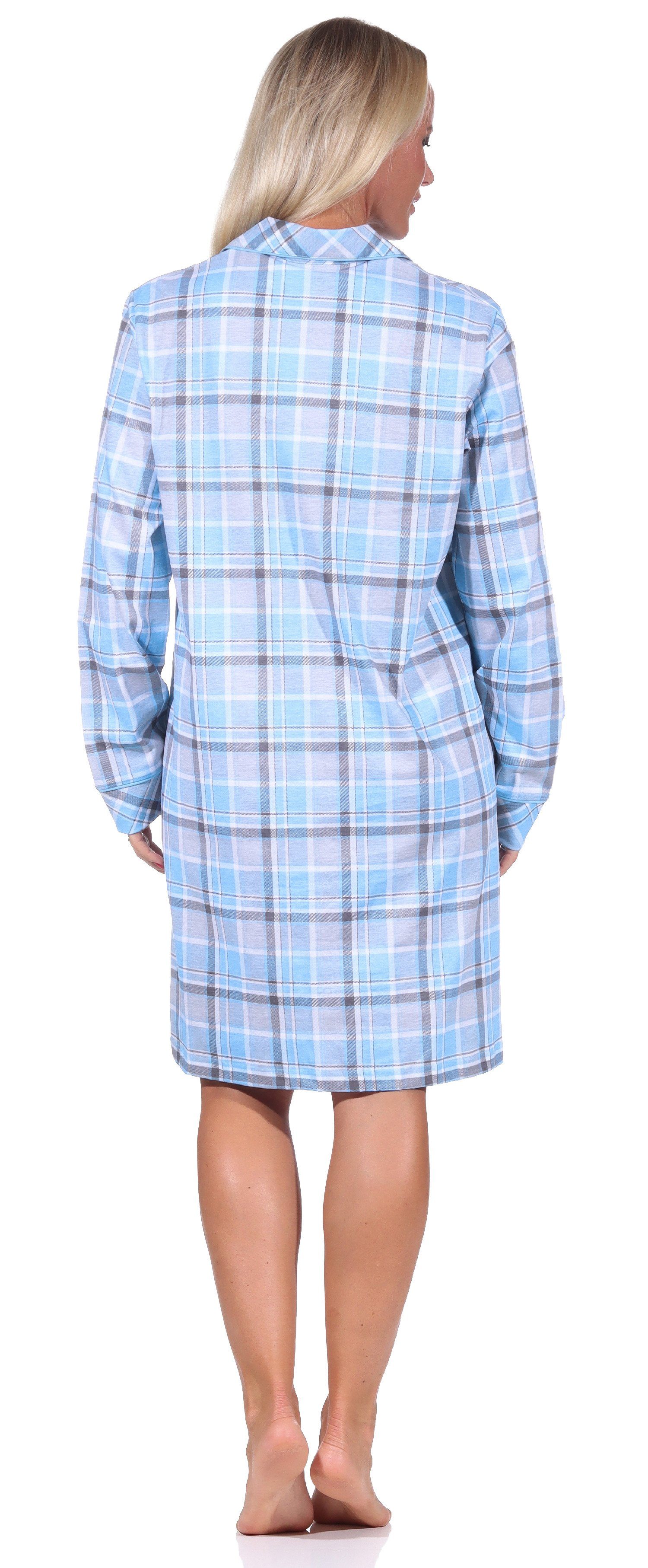 Qualität knöpfen Nachthemd Normann in Karopotik Jersey langarm hellblau Nachthemd zum Damen in