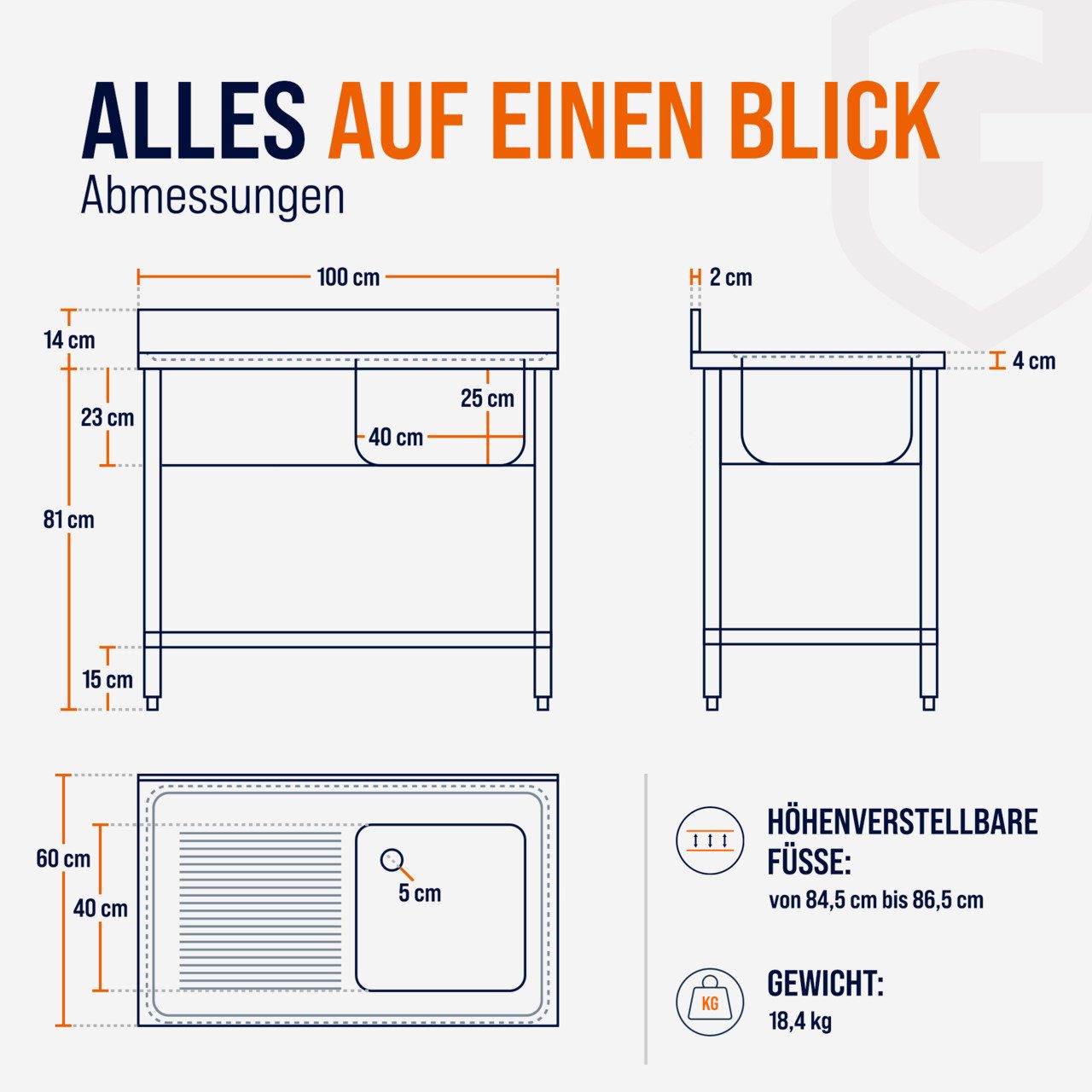 GastroHero Arbeitstisch Spültisch 100x60 cm - Edelstahl mit Becken - Gastro - Spüle, AISI201-Edelstahl, Grundboden, nach Hygienerichtlinien produziert – Bild 5 von 5