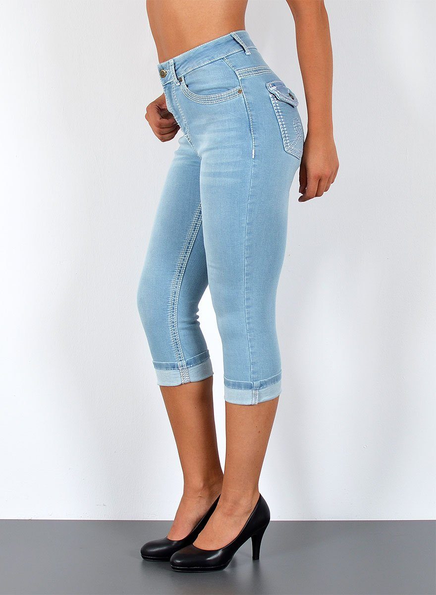 ESRA Caprijeans Damen 3/4 Capri Jeans-Hose mit Kontrast-Nähte bis Große Größen J563 Damen High Waist Capri Jeans Stretch Jeans dicke Naht bis Übergröße