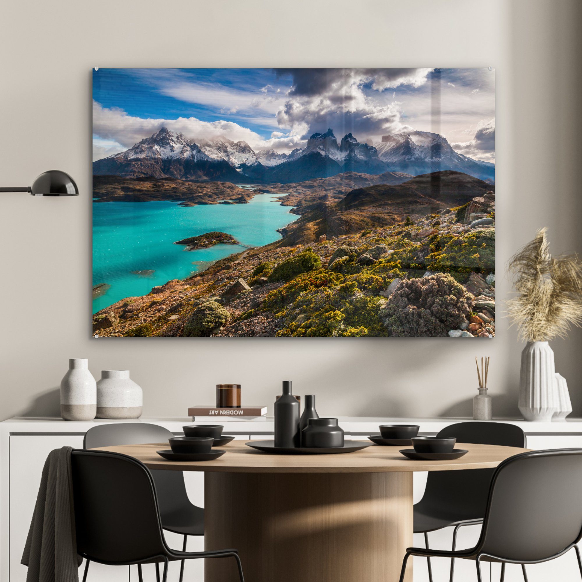 auf St), Wohnzimmer See Berge Patagonien, Acrylglasbilder die (1 und Blick des Schlafzimmer Nationalparks Acrylglasbild & den MuchoWow