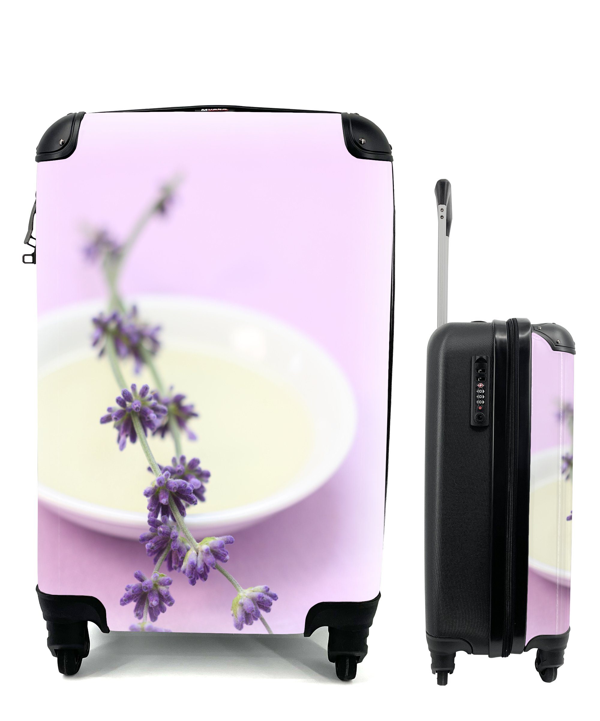 MuchoWow Handgepäckkoffer Nahaufnahme von Lavendel auf einem rosa Hintergrund, 4 Rollen, Reisetasche mit rollen, Handgepäck für Ferien, Trolley, Reisekoffer