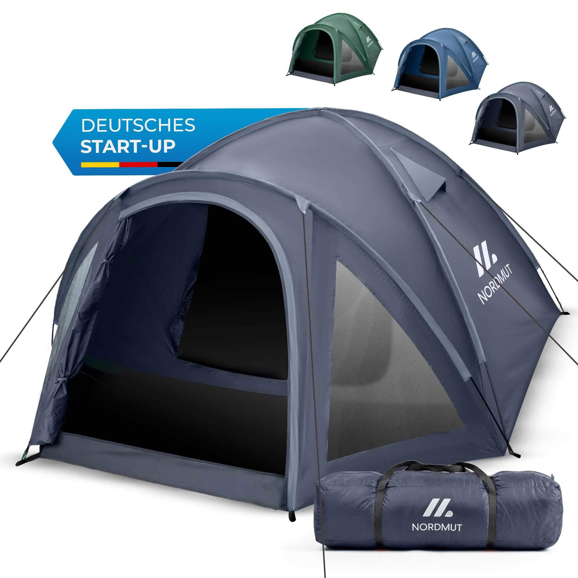 Nordmut Kuppelzelt 4 Personen 300x250 cm Vorraum wasserdicht 5000 mm, Personen: 4 (Trekkingzelt mit Fiberglas Gestänge & schnellem Aufbau, Familienzelt mit Moskitonetzen & angenehmem Raumklima), Campingzelt wasserdicht mit Vorraum & versiegelten Nähten