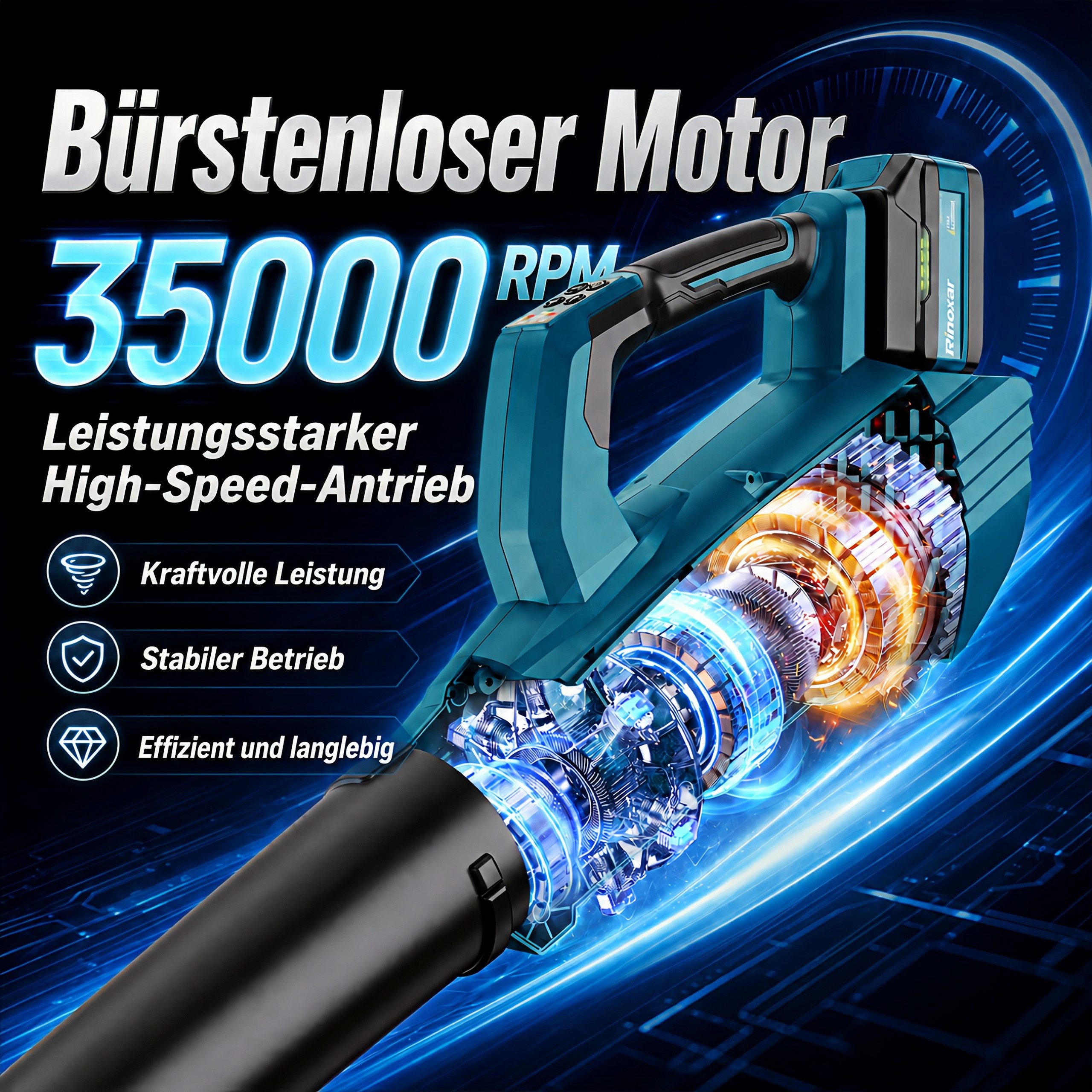 Rinoxar Akku-Laubbläser Akku Laubbläser, Laubgebläse Akku mit Bürstenlosem Motor 35000RPM 850W, 5 Geschwindigkeiten, mit 2x5200mAh/18V Batterien, 2 Wechselbare Düsen